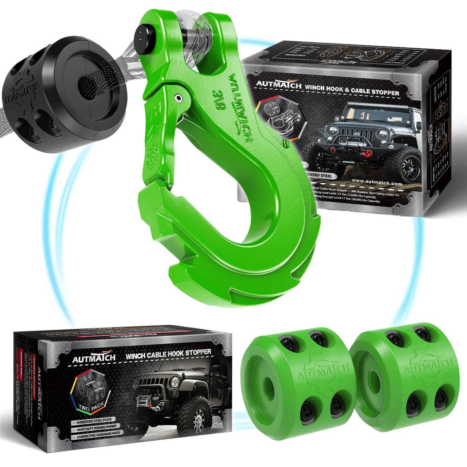 AUTMATCH3/8" Winch Hook Safety Latch with Winch Cable Hook Stopper, Grade 70 Forged Steel Clevis Slip Hook, Max 39,600Lbs Work for Winch Rope, ATV, UTV, Off Road Vehicle, Green
