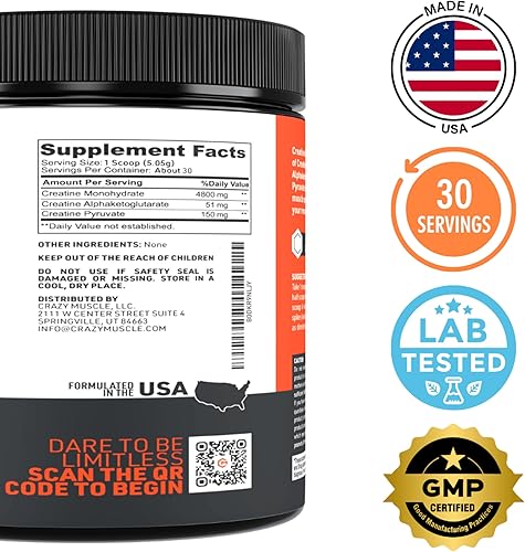 Miniatura 5 de Crazy Muscle Polvo de monohidrato de creatina, 5000 mg premium 3X ThreeAtine para ganancia de masa antes del entrenamiento, alta absorción, fácil de