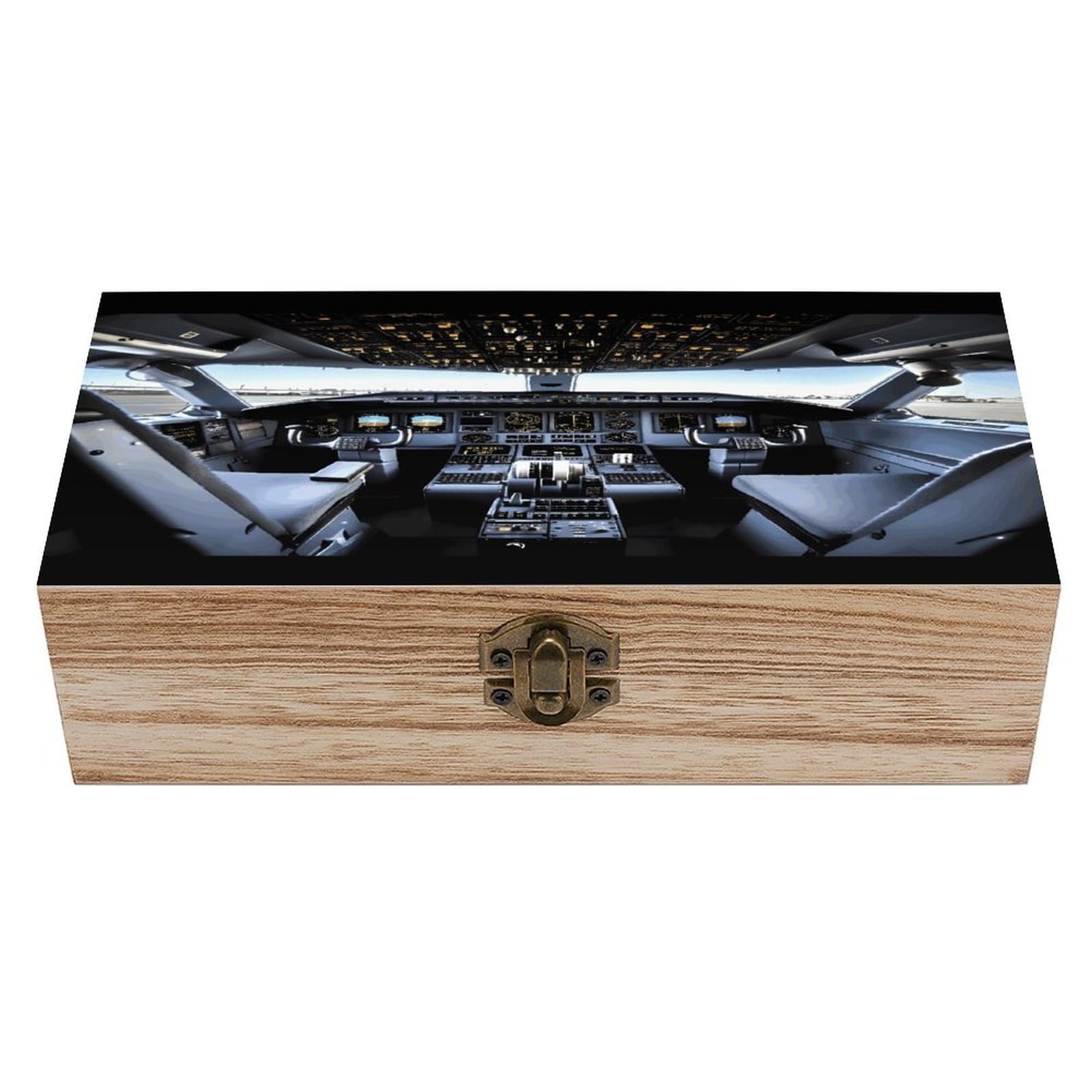 FekiLoot Natural Wooden Keepsake Box with Hinged Lid, 8x4 Inch Airplane Cockpit Memory Box, Wood Jewelry Organizer & Trinket Holder, Gift for Men Women Anniversary Wedding