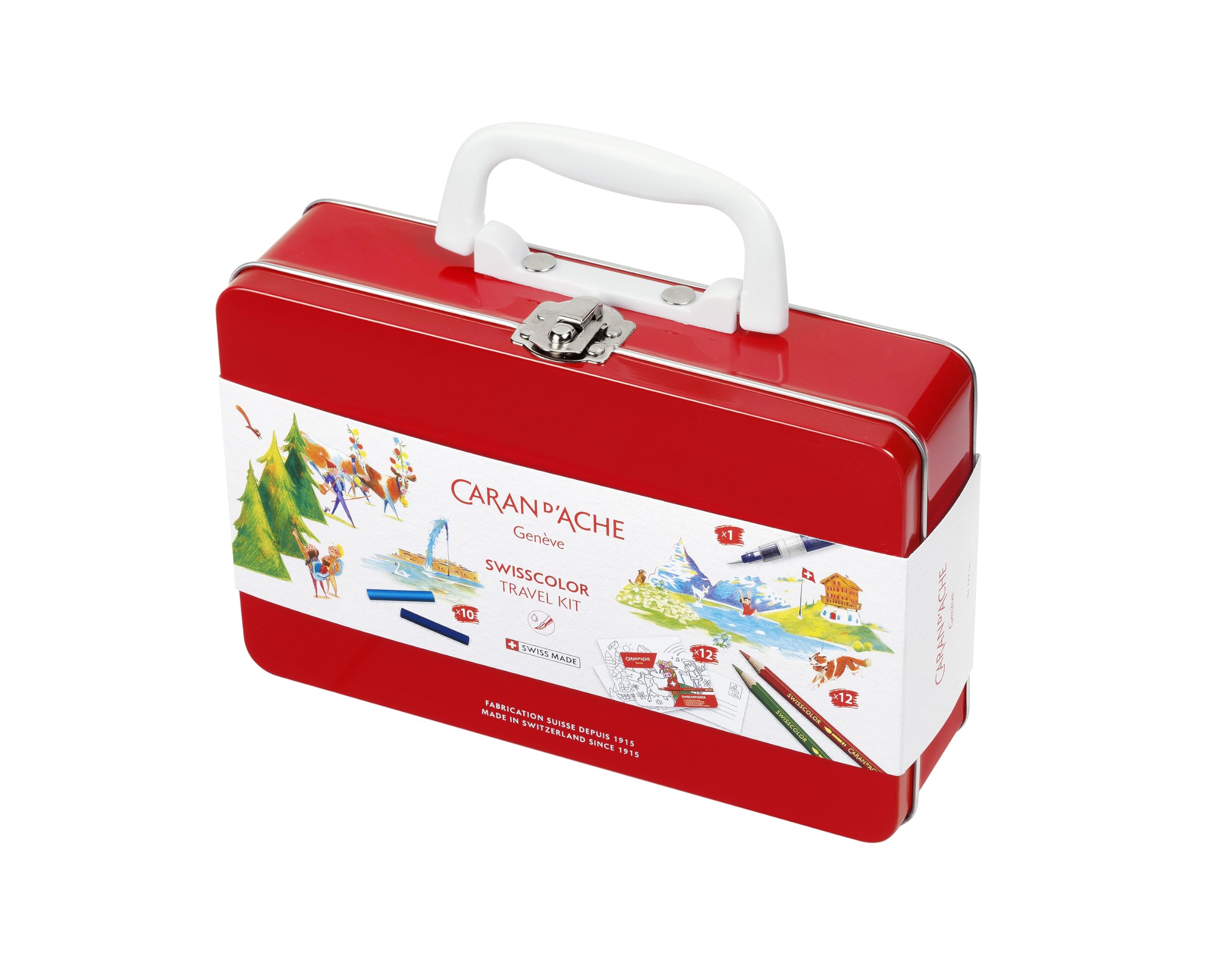 Caran d'Ache Swisscolor 3000.223 Kit de voyage en métal rouge avec système de fermeture en métal et poignée en plastique blanc