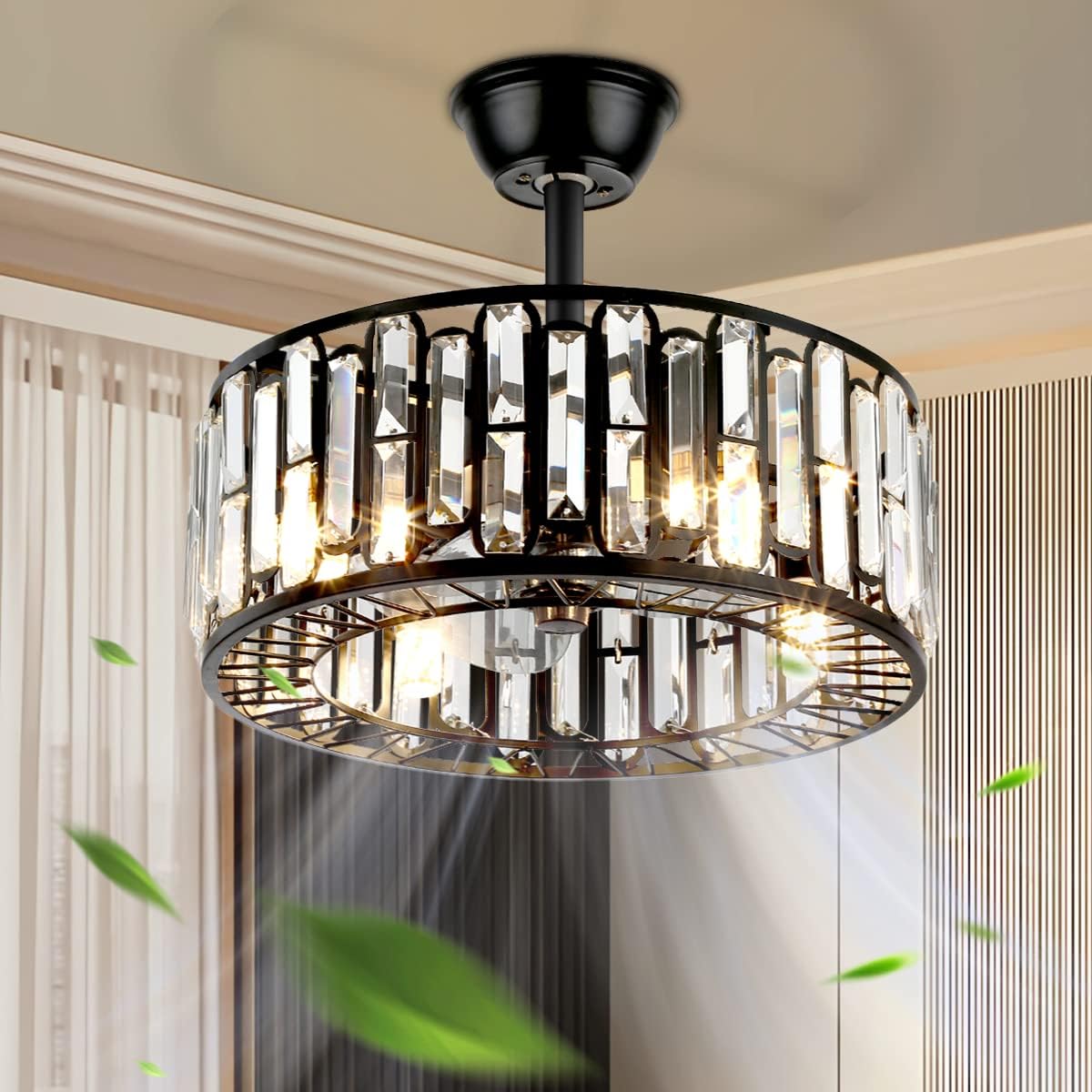 MORE CHANGE 18" Modern Enclosed Bladeless Ceiling Fan with Light and Remote, Industrial Black Caged Fandelier 3 Speeds Timer Crystal Chandelier Fan for Farmhouse Kitchen Island