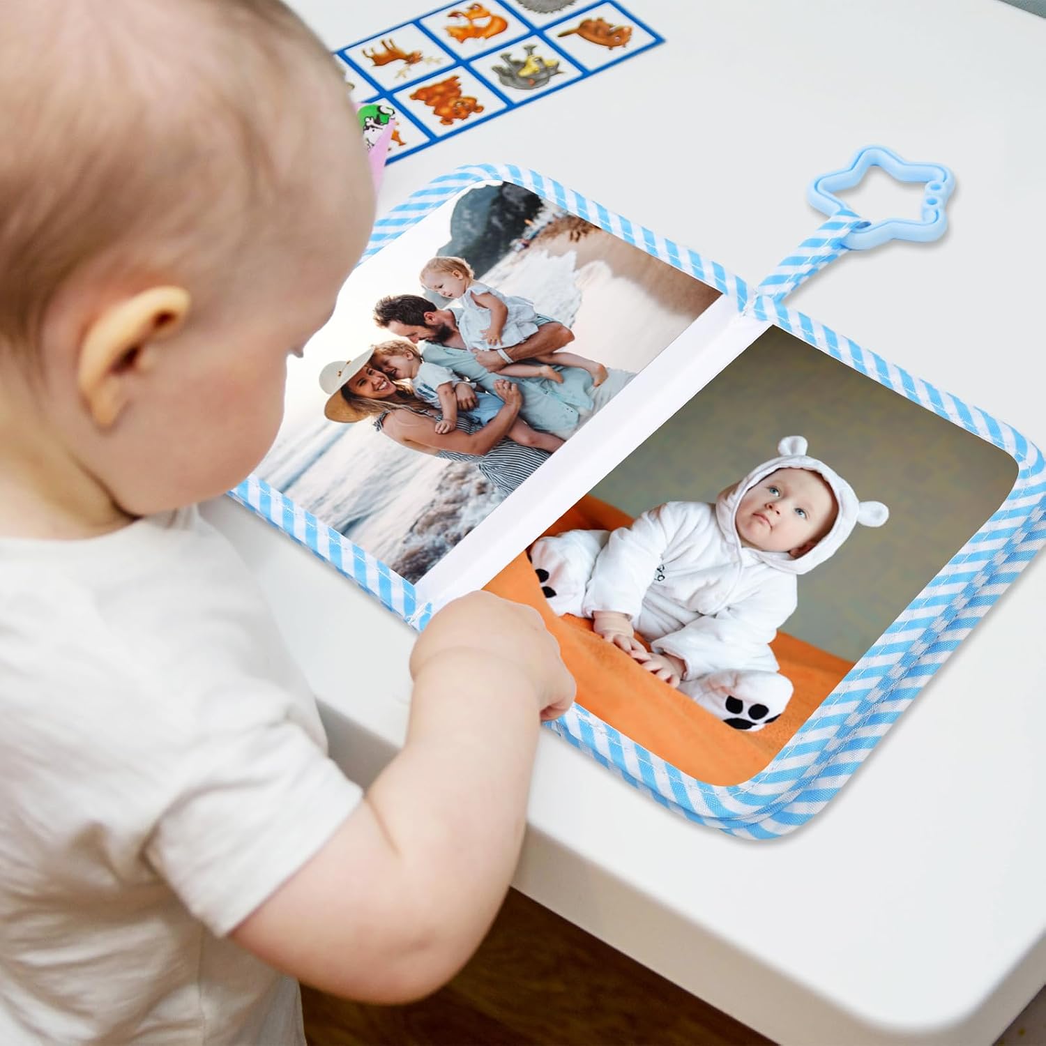 Baby's My First Family Album Soft Photo Cloth Book Blue Bow My First Book of Photos Coquette Bow Baby Memory Album Gift Holds 4x6 Pictures for Babies Newborn Toddler & Kids Baby Shower