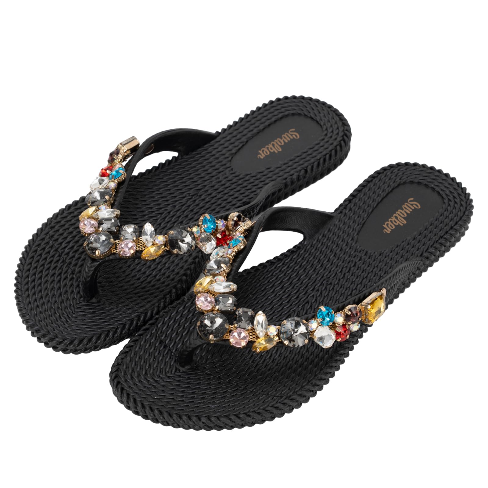 Swalker Woman's Sandal Flip Flop With Rhinestone in Recyclable Rubber Sole, Crystal Thong