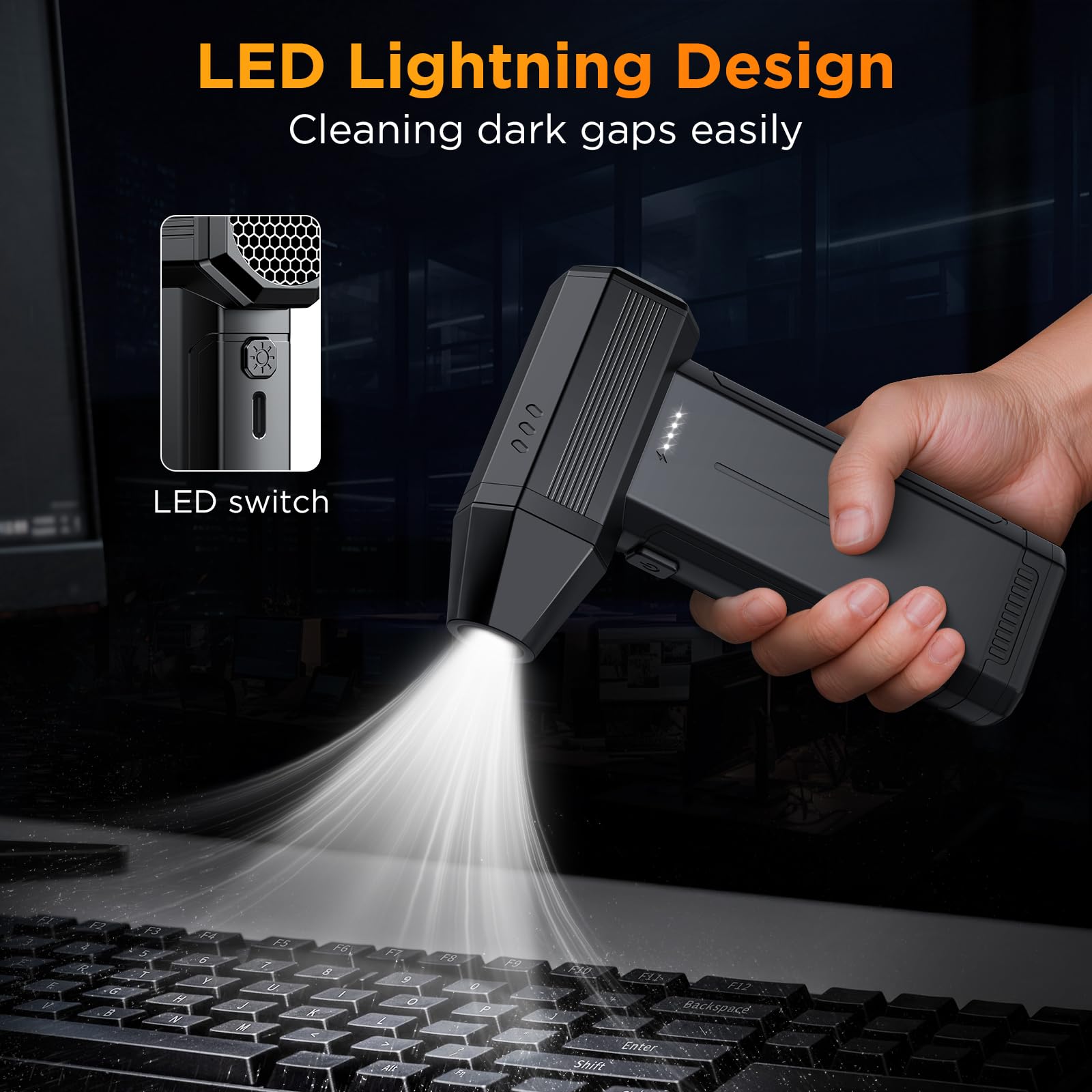 Soplador de Aire Potente con Luz LED, 6000 mAh 3 Velocidades 150000 RPM Soplador de Aire Comprimido Limpieza PC, Aire Comprimido Eléctrico Portátil Air Duster para Laptop, Coches, Sofás (negro)