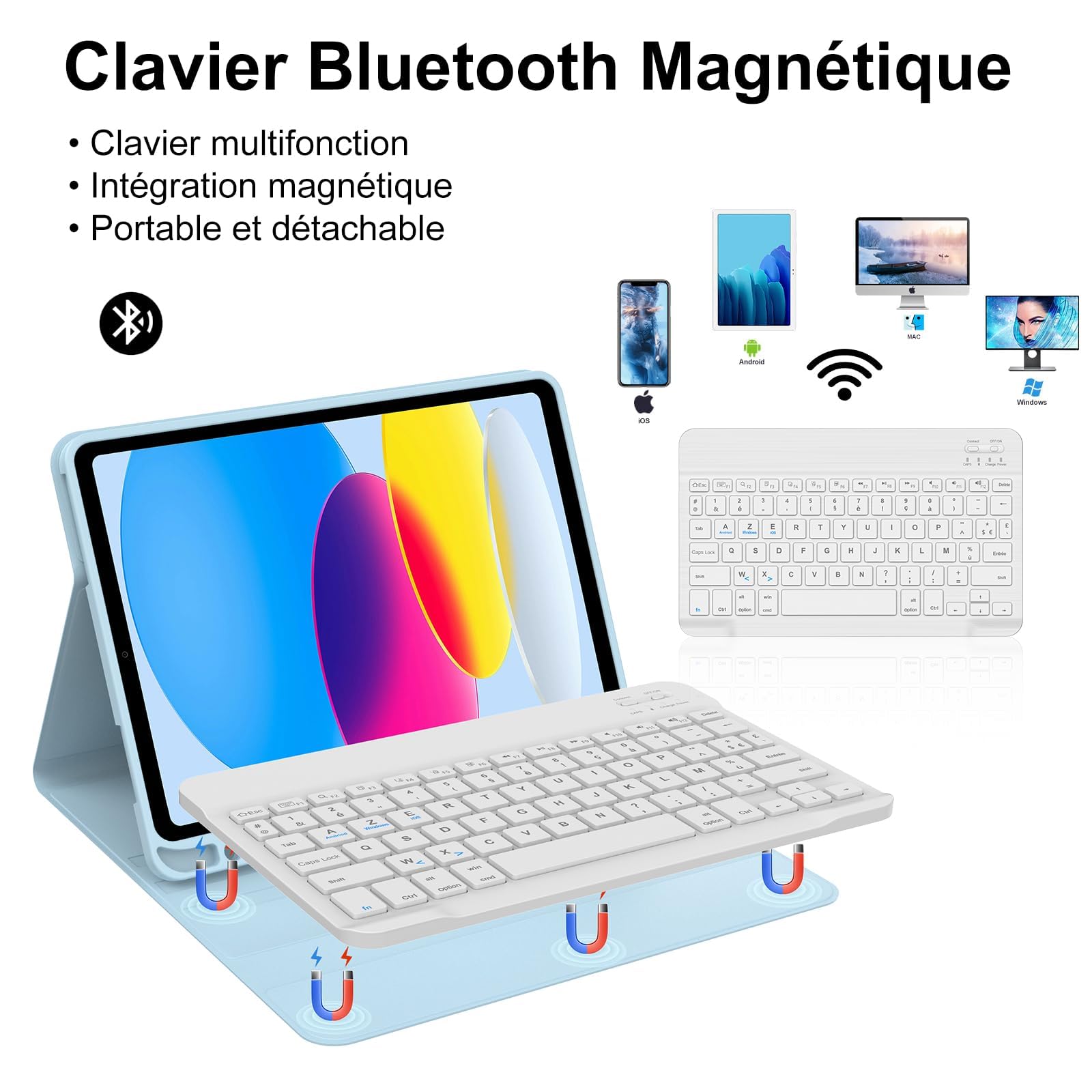 Coque Clavier pour iPad A16 11e Génération 2025/10e Génération 2022, AZERTY Français Housse Clavier Bluetooth Magnétique Détachable avec Porte Crayon pour iPad 10/11eme Gén 10.9/11 Pouces, Bleu Ciel