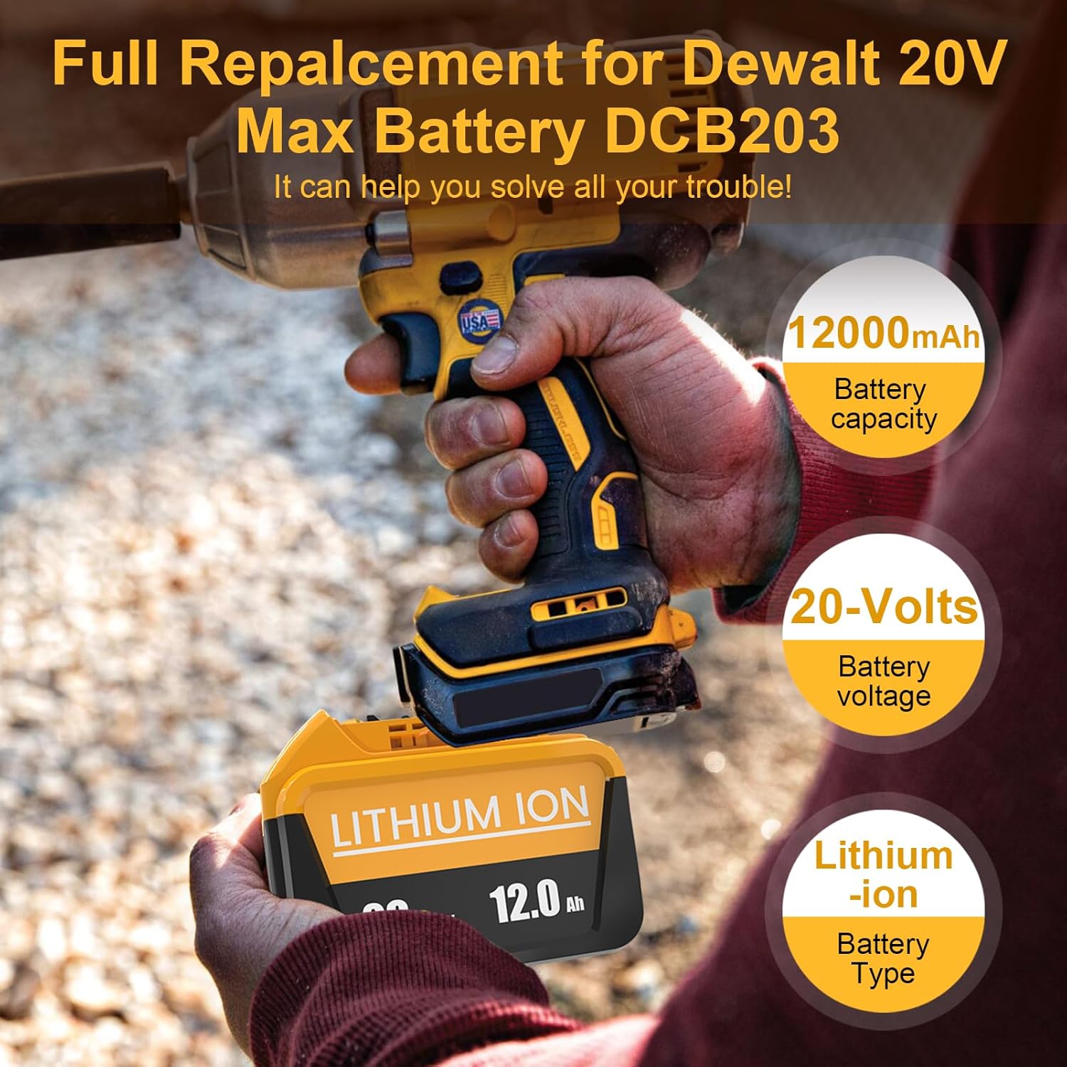 20 Volt 12 Ah Lithium Ion Battery Replacement for Dewalt 20V MAX Battery Compatible with Dewalt 20V Tools and Chargers 4-Pack - Image 2