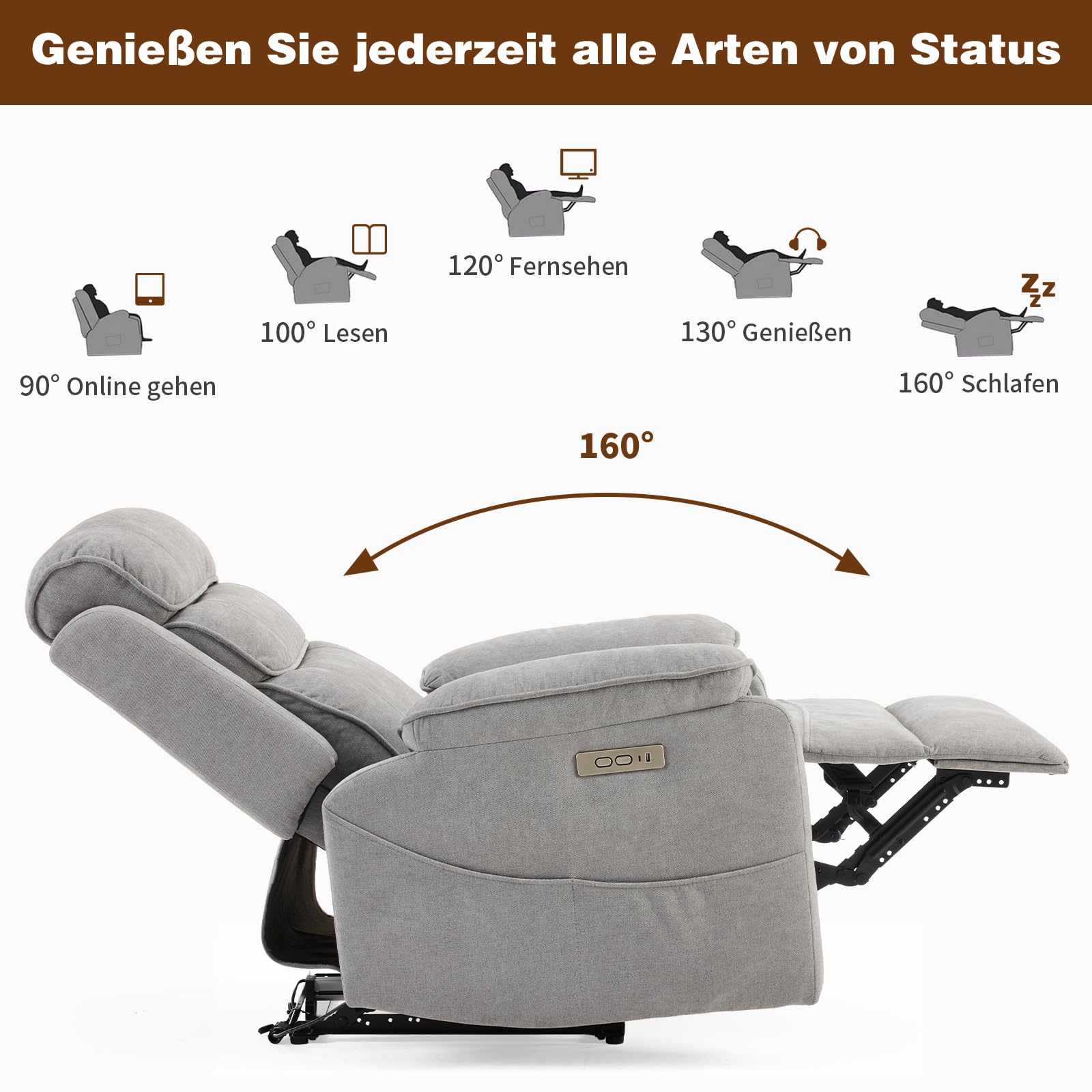 LEADZM Fernsehsessel Relaxsessel mit drahtloser Ladevorrichtung, 1 USB-Anschluss, 1 USB-C-Ladeanschluss, Liegen TV Sessel mit Heizung, Vibrationsmassage, Seitentaschen, Getränkehalter (Hellgrau)