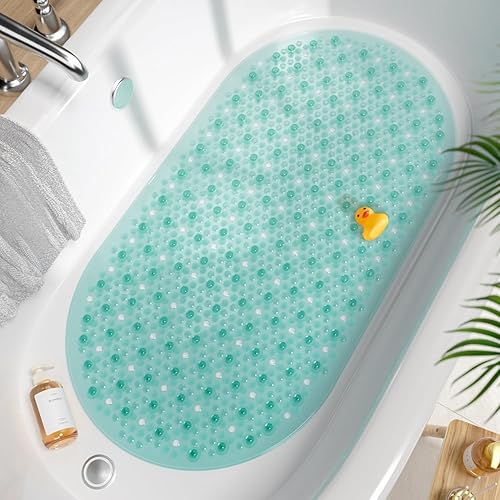 Miniatura 14 de HITSLAM Tapete para Bañera Antideslizante, 27x15 Pulgadas, Tapete Ovalado con Burbujas para Bañera de Baño, Lavable a Máquina, con Ventosas
