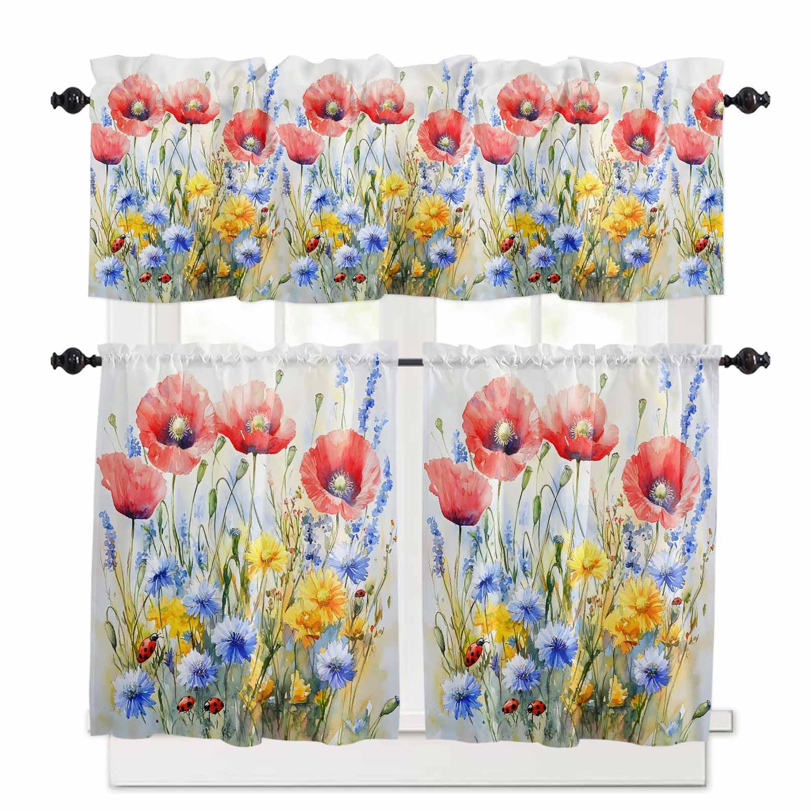 Blue Flower Kitchen Curtains 36 Inch Length,3 Piece Rod Pocket Small Half Tiers and Valance Set,Patriotic Red Poppy Floral Daisy Wildflower Small Large Window Treatment Decor for Bedroom/Bathroom
