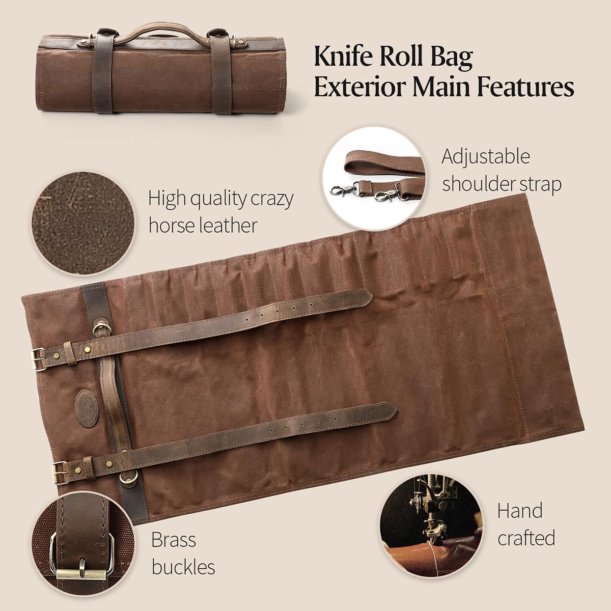 XINZUO Bolsa para Cuchillos de Chef, Estuche Profesional para Cuchillos de Chef, 12 Ranuras, Lona Encerada de 16oz y Cuero, Bolsa de Almacenamiento para Utensilios de Cocina (Sólo Bolsa)