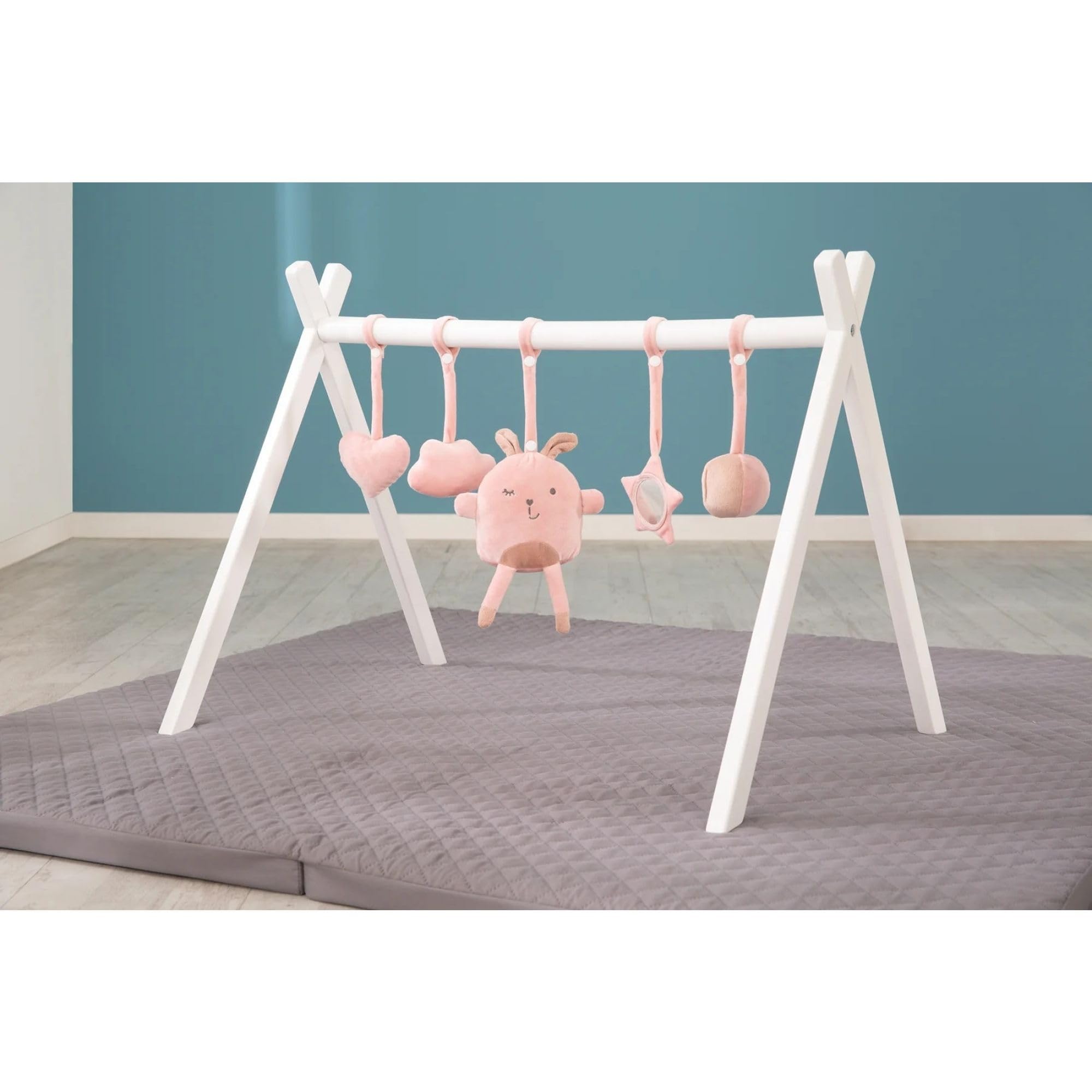 roba drewniany pałąk do zabawy dla niemowląt - baby gym i zabawka Montessori z zawieszką roba Style - centrum aktywności i stojak do zabawy od 3 miesięcy - różowy