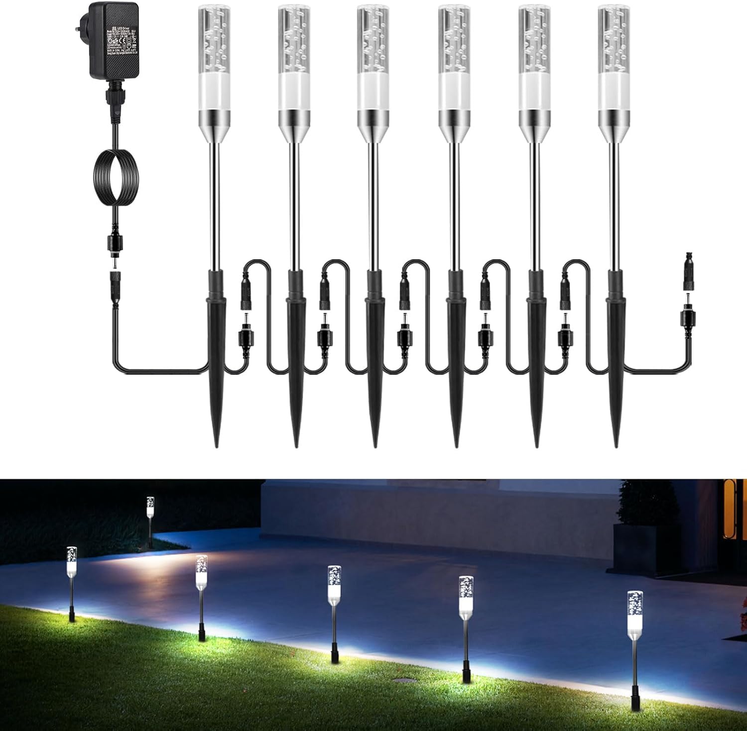 Focos Exterior LED B-right 6Pcs Luces LED Exterior Jardín, Iluminacion Jardín con Estaca, Luz Exterior Jardin, IP65 Impermeable Camino de Luces para Jardín para Césped Patio Entrada, Blanco frío