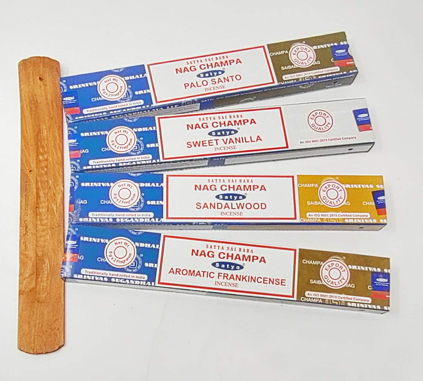 Satya Nag Champa Combo Incense Sticks Mix Deal - Sandalwood, Palo Santo, Dragons Blood, Divine Karma, Mirra, Holy Basil with JR Incense Holder SNC1