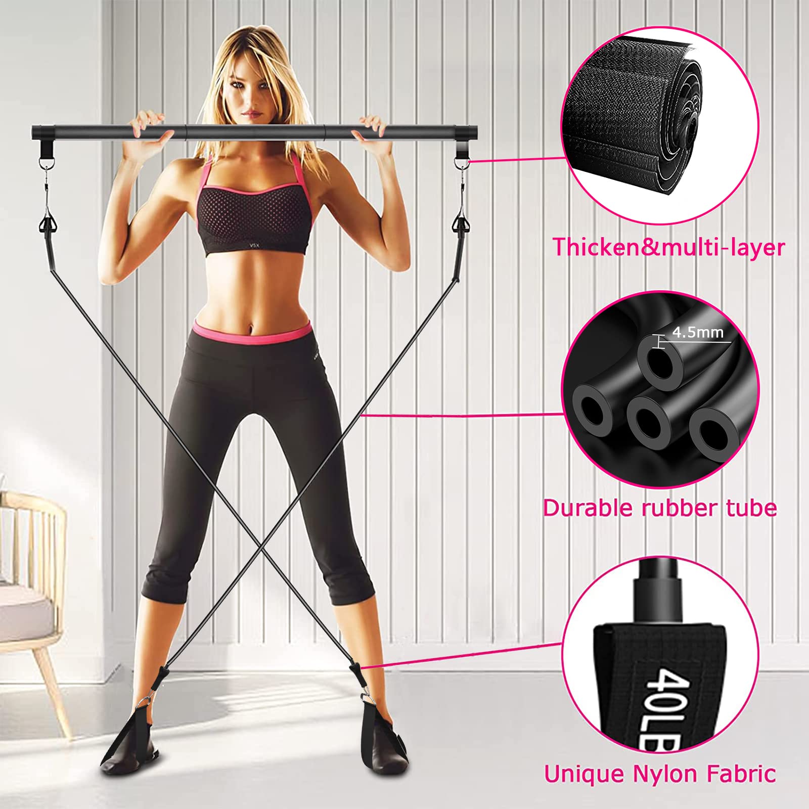 Pilatesstange Set Verstellbar mit 4 Widerstandsbändern, Schaumstoffgriff und Türanker für Beine, Hüften, Tragbares Fitnessgerät für Zuhause, Yoga, Pilates,