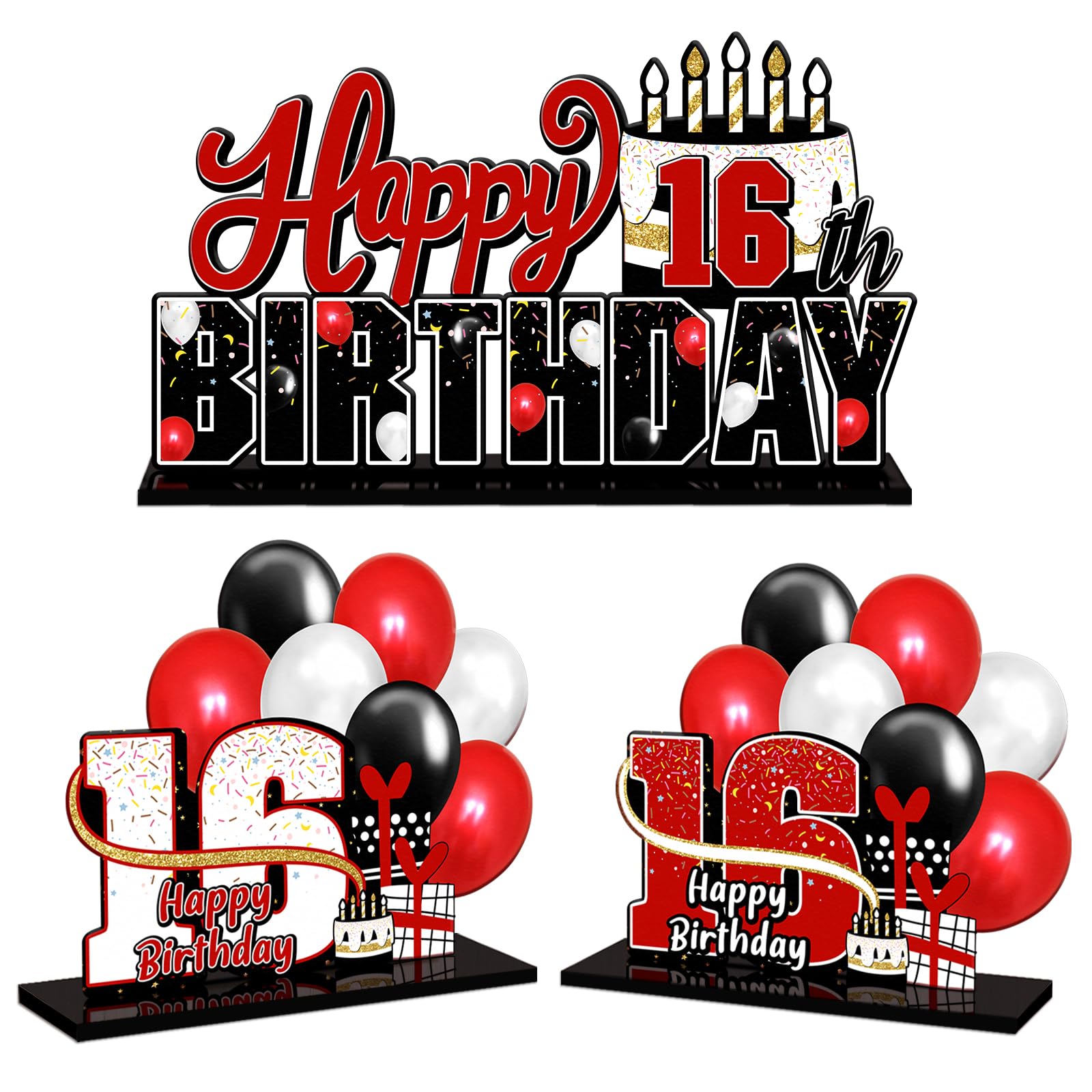 LINGTEER Happy 16th Birthday Red Acrylic Table Topper Centerpieces Set - Cheers to Sixteen Years Old Birthday 16th Bday Party Gift Decorations.
