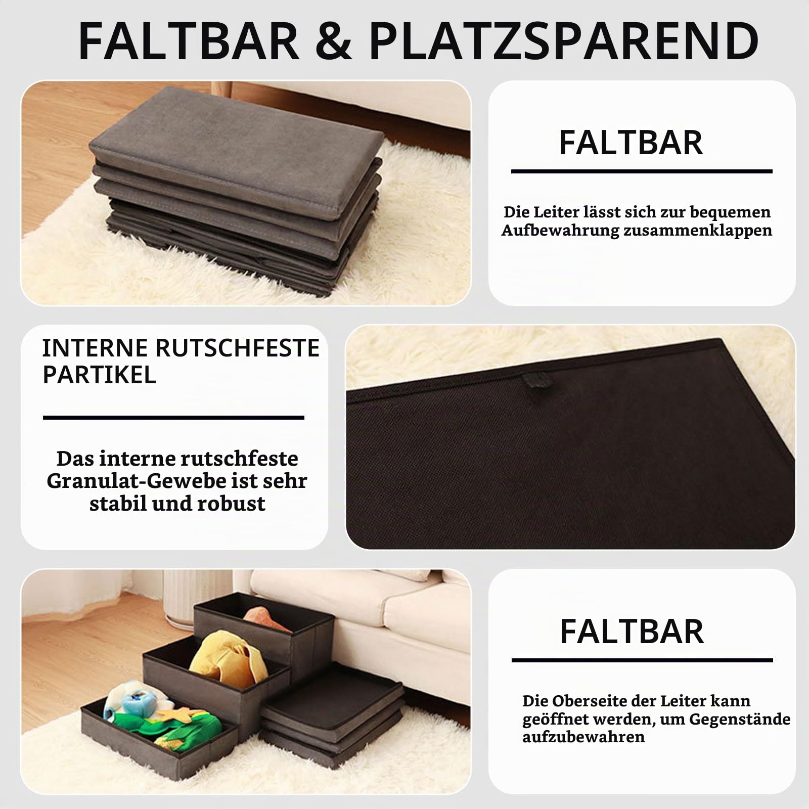 Hundetreppe mit Stauraum 3 Stufen Faltbar 75x40x30cm - Rutschfeste Haustiertreppe für Bett und Sofa - Extra Breite Hunderampe für Kleine und Große Hunde Katzen - Stabile Dog Stairs Dunkelgrau (Grau-3)