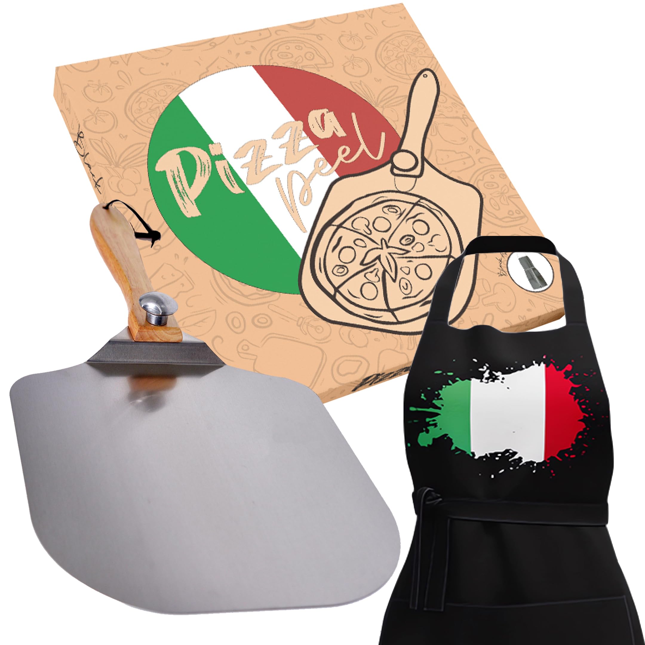 Photo 1 of (2 Pack Bundle) Metal Pizza Paddle For Pizza Oven, Pizza Peel includes a black apron, aluminum Pizza Paddle, Pizza Shovel For Pizza Oven with foldable wood handle, Pizza Peel 12 Inch