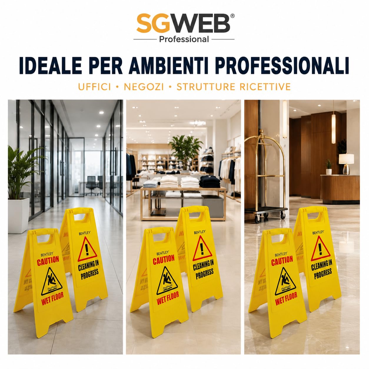 Set 4 Cartelli Pavimento Bagnato Gialli 60x30 cm, Segnale di Pericolo Bifacciale Pieghevole in Polipropilene, Pulizia in Corso, Alta Visibilità