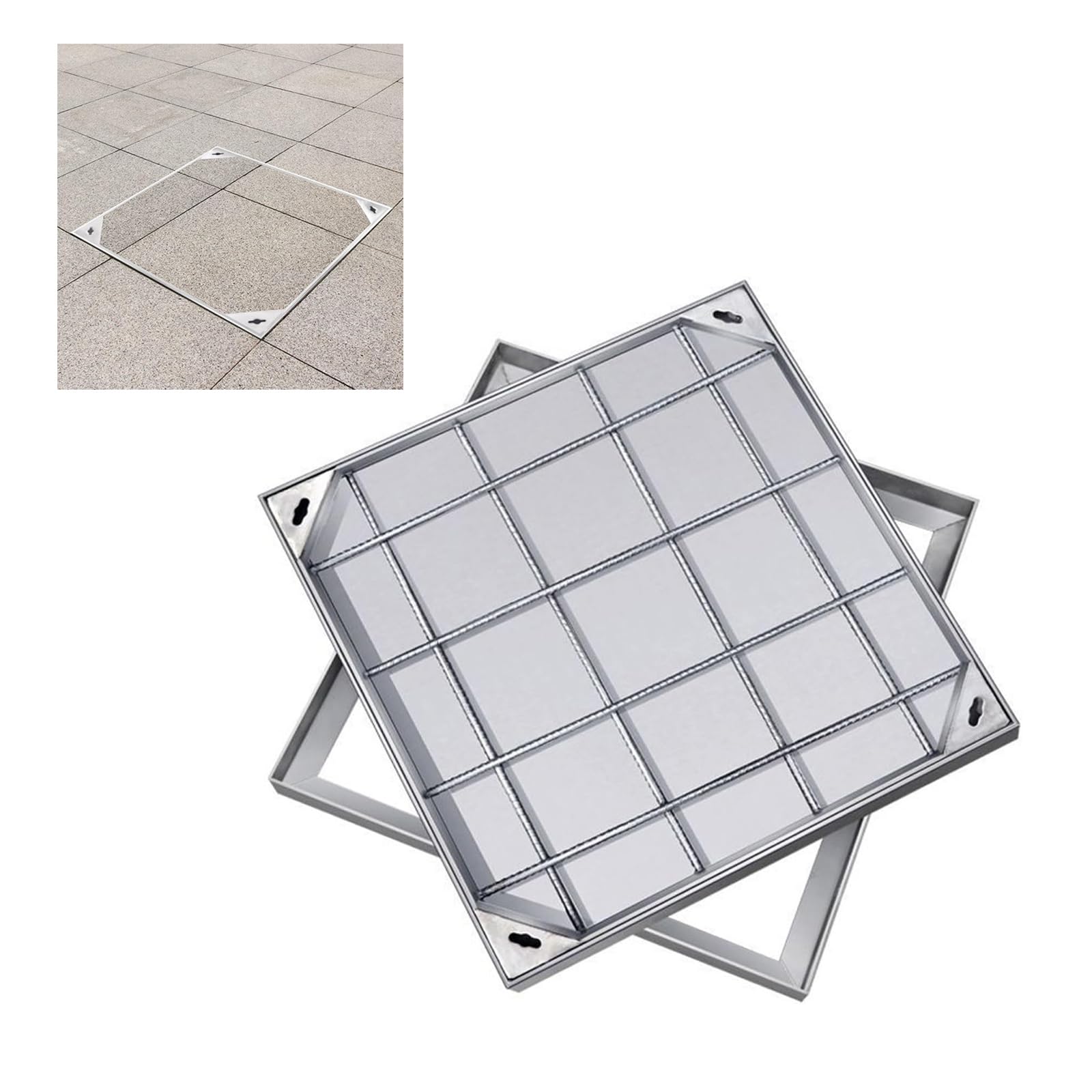 Couvre-fosse septique extérieur avec cadre inox et couvercle galvanisé de jardin évidé