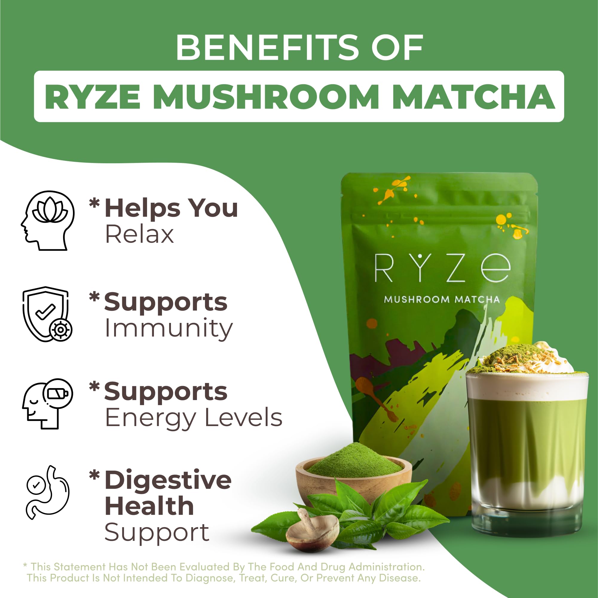 RYZE SUPERFOODS Mushroom Matcha Starter Kit USDA Organic with 6 Adaptogenic Mushrooms and Ceremonial-Grade Matcha Energy Focus Digestion — view 3