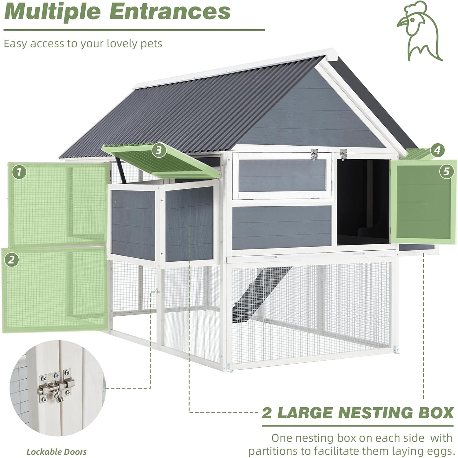 AECOJOY 84" Large Chicken Coop 8-10 Chickens, Chicken Coop with Run, Outdoor Hen Fence Poultry Pet Hutch Run Cage w/Waterproof Roof, Ramp, 2 Large Nesting Box, Wire Fence for Backyard, Grey