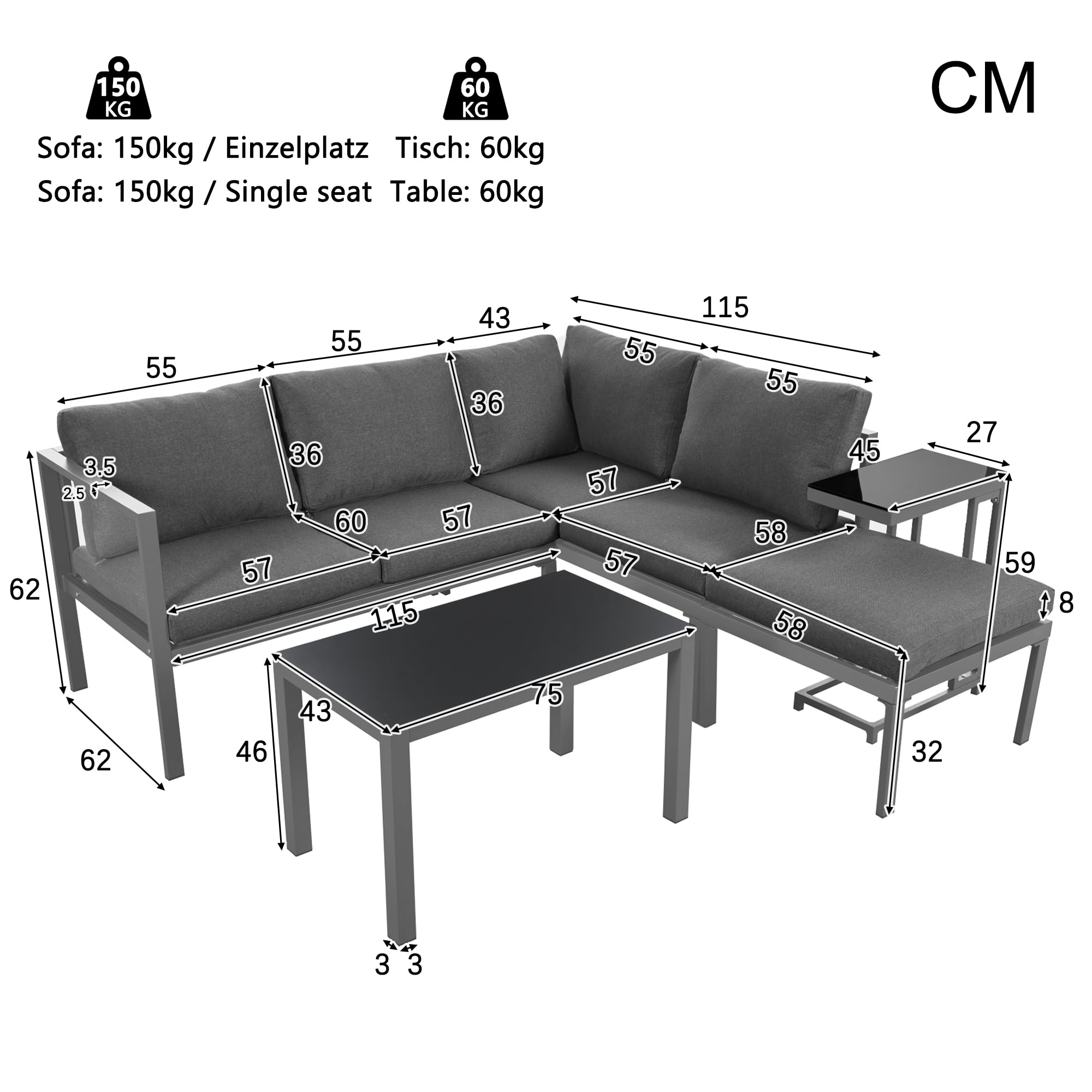 Set di 5 mobili da giardino da balcone per 4 – 5, per esterni, con 2 divani doppii, 1 sgabello e 2 tavoli, salone ad angolo, resistente alle intemperie, divano lounge in ferro zincato, grigio