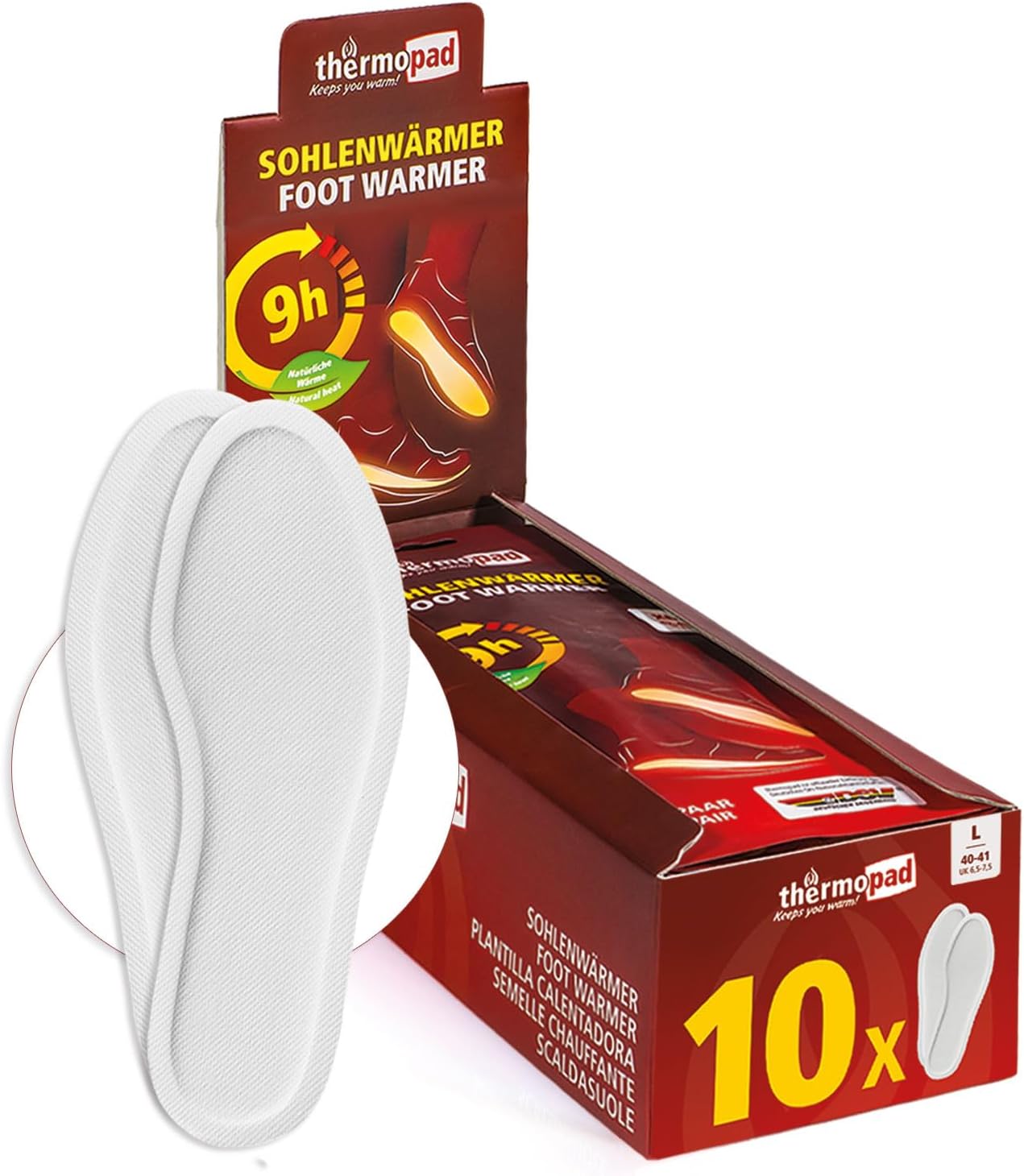 THERMOPAD Sohlenwärmer - DAS ORIGINAL: 5, 10 oder 30 Paar Wärmepads (erhältlich in 5 Größen) - Einlegesohle für 9 Stunden Wärme I Fußwärmer Pads I Extra warme Wärmesohle für Schuhe & Skischuhe