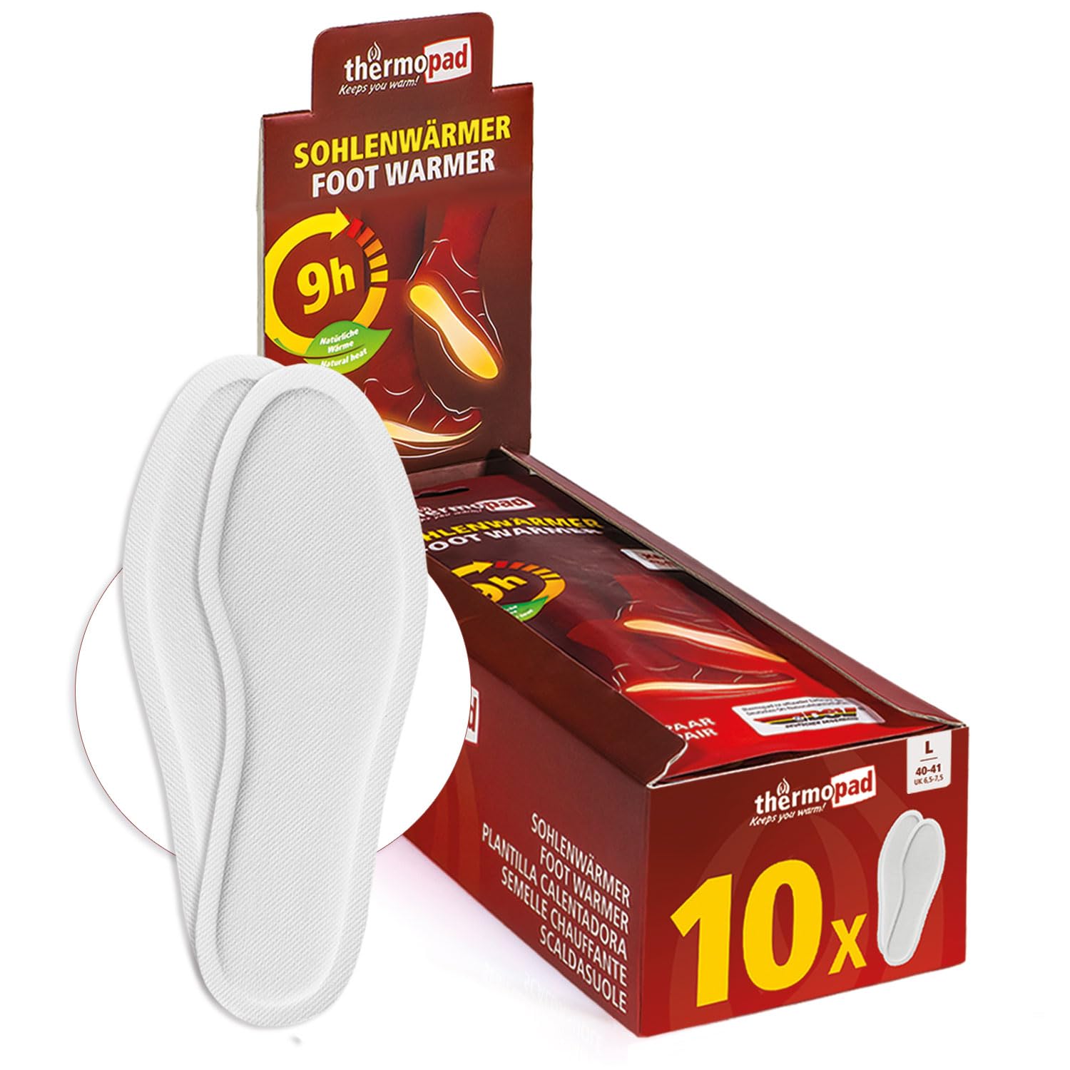 THERMOPAD Sohlenwärmer - DAS ORIGINAL 10 Paar Wärmepads - Einlegesohle für 9 Stunden Wärme I Fußwärmer Pads I Extra warme Wärmesohle L für Schuhe & Skischuhe