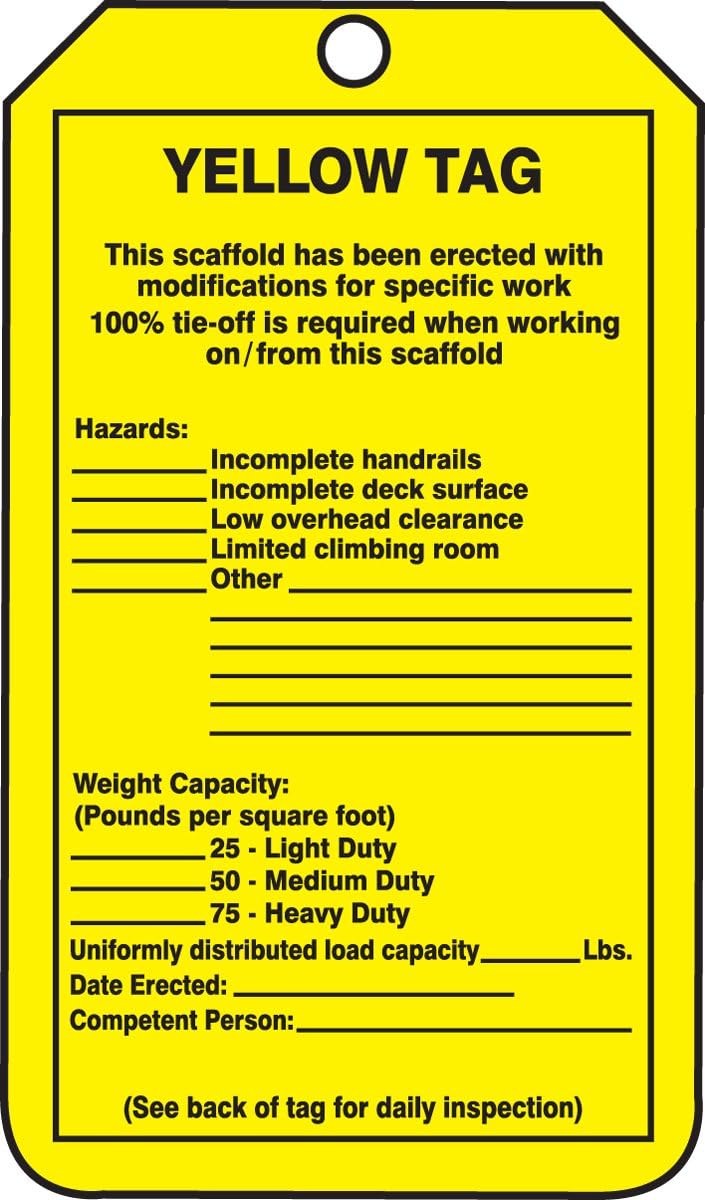Accuform TRS208PTP Scaffold Status Tag, Yellow TAG - This Scaffold HAS Been ERECTED with MODIFICATIONS for Specific Work, 5.75"x3.25"x0.015, RP-Plastic, Black on Yellow (Pack 25)