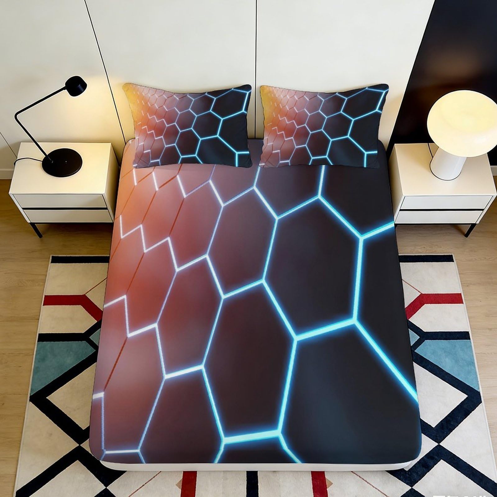 3D Printed Hexagon Pattern Fitted Sheet Microfiber Soft Breathable Geometric Bed Cover for Bedroom Dormitory Guest Room Mattress Protection Decor 160x200x25cm