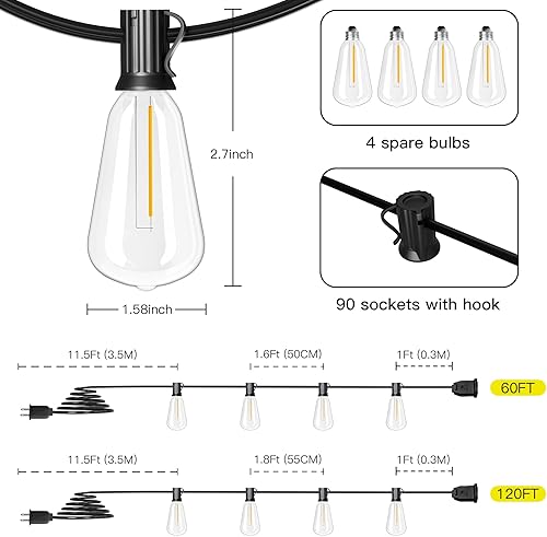 Miniatura 5 de OHLUX Luces colgantes para exteriores, luces de patio exterior conectables de 180 pies con 94 bombillas LED vintage ST38 inastillables, 2200 K