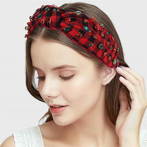 Miniatura 2 de CEALXHENY Diadema de Navidad para mujer, diadema anudada de cristal con diamantes de imitación rojo y verde, con joyas de Navidad, a cuadros, con