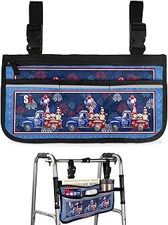 4th of July Wheelchair Side Bag Walker Bag, Truck with Gnomes Firework Independence Day Wheelchair Accessories Armrest Pouch, Organizer Storage Bag for Walkers, Rollators, Scooters, 7.3'x13'