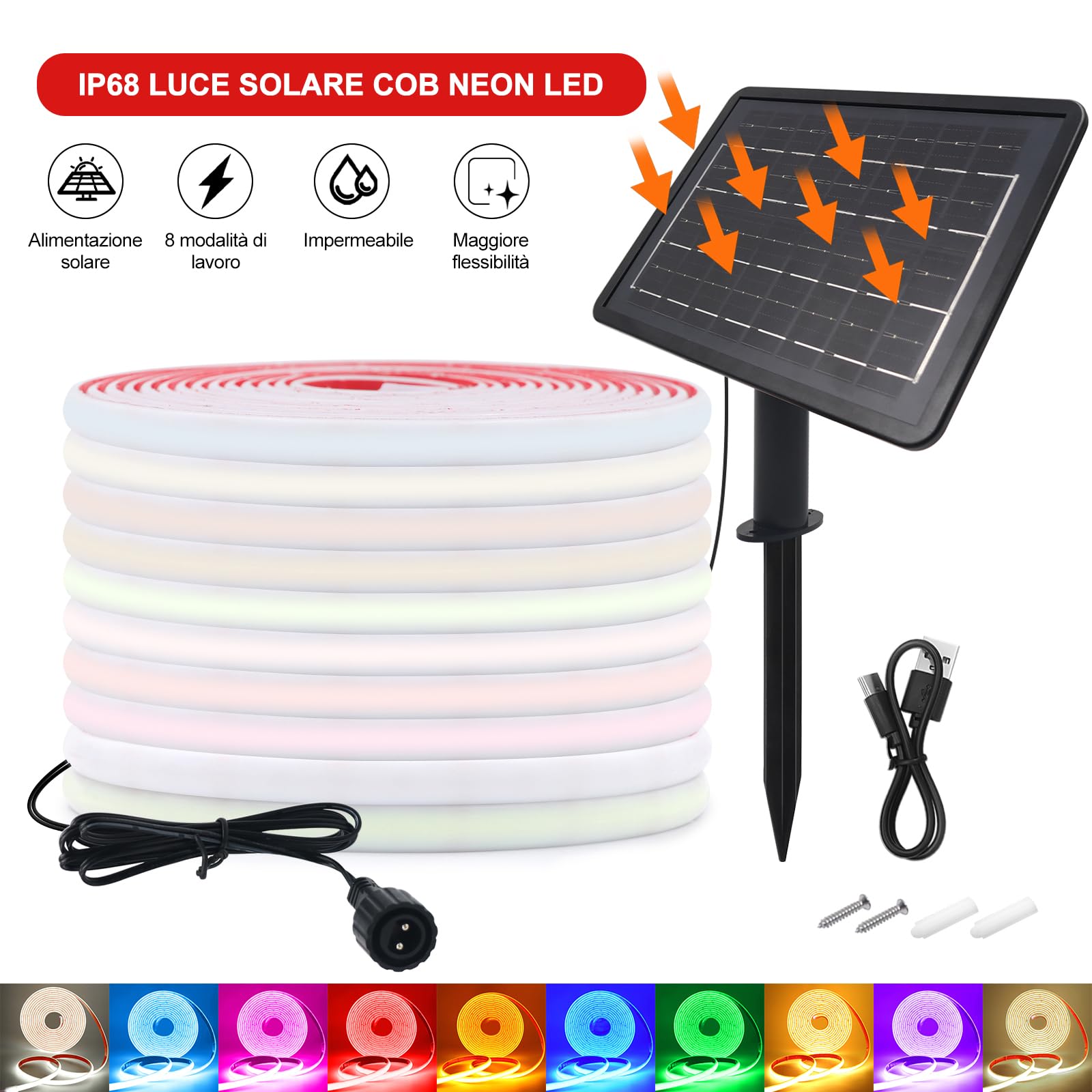 Strisce Led Solari 24V per Esterni, Alta Luminosità Con 320 Led/m, 8 Modalità, Impermeabile, Batteria 7200mah, Ideali per Giardino, Cortile e Balcon (Colori caldi, 10M)