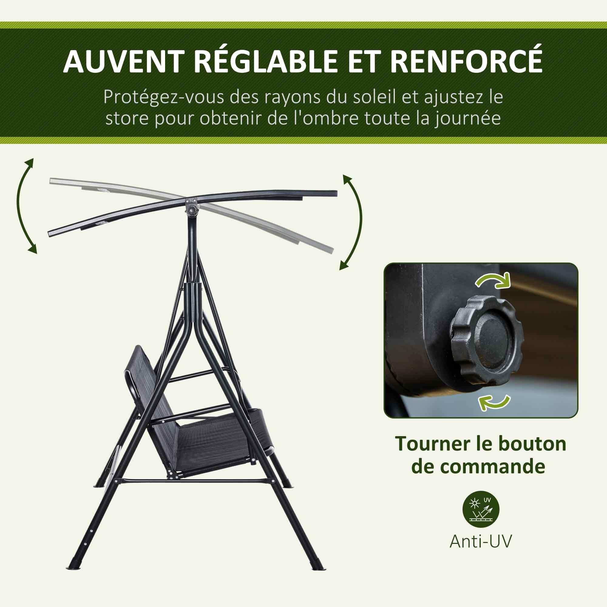 Outsunny Balancelle de Jardin 2 Places, Toit Inclinaison réglable, Structure Acier, 172x110x155 cm, Noir