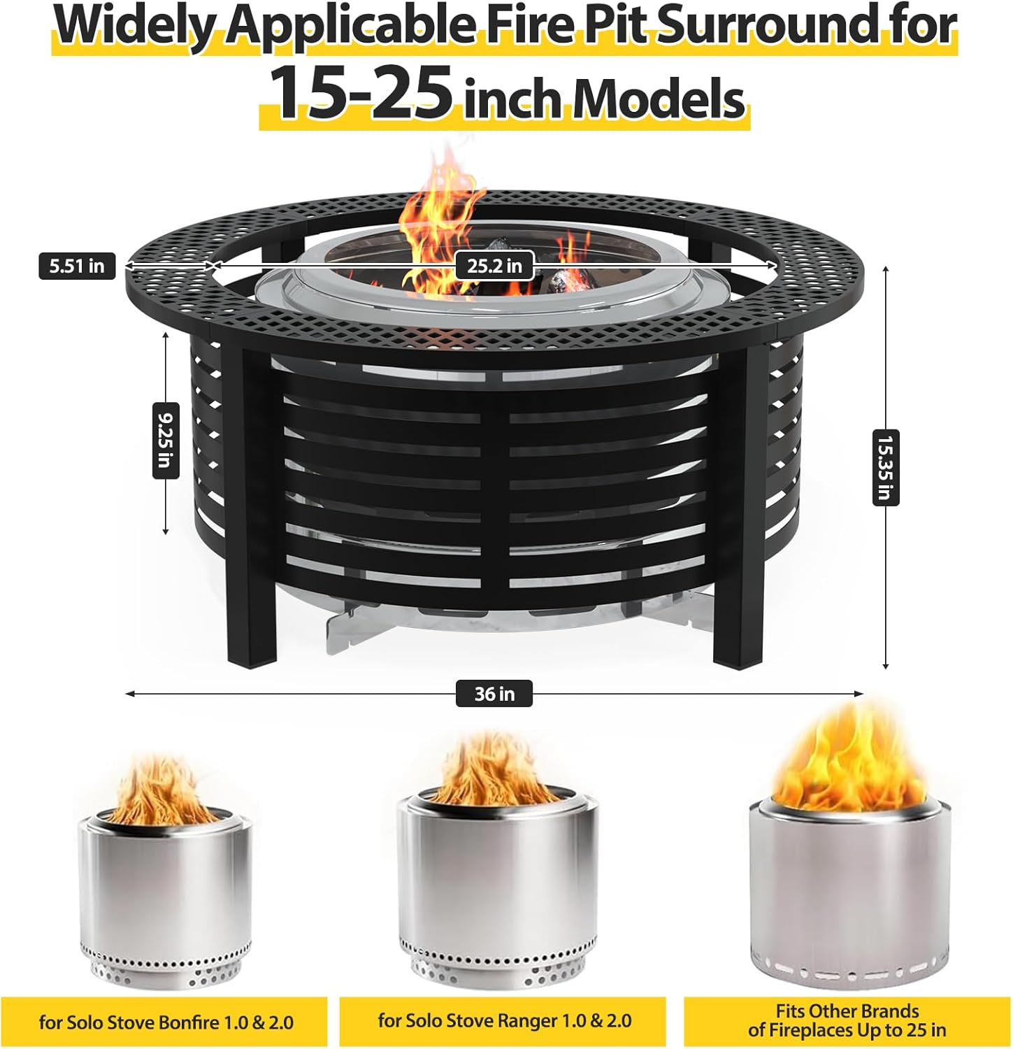 Fire Pit Surround Tabletop for Solo Stove Bonfire & Ranger 2.0 with Heat Shield, 36'' Powder-Coated Iron Surround Solo Stove Accessories for Safety & Extra Space, 25" Inner Fits Most Firepits, Black