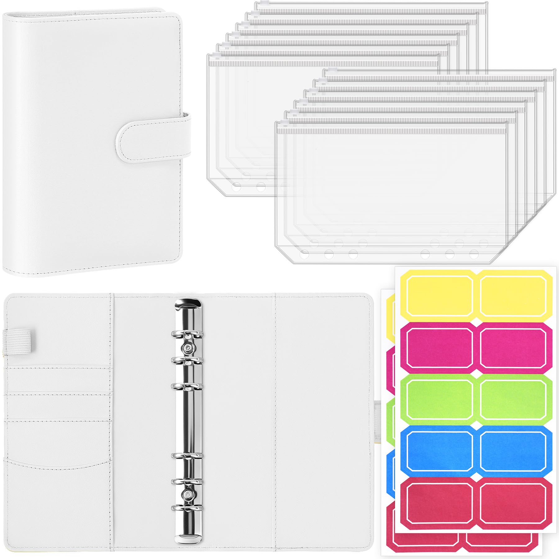 Antner A6 Budget Binder with Zipper Cash Envelopes for Money Organizer &amp; Budgeting, PU Leather Budget Planner Money Saving Binder with Cash Stuffing Envelopes &amp; Labels for Home Office Travel, White