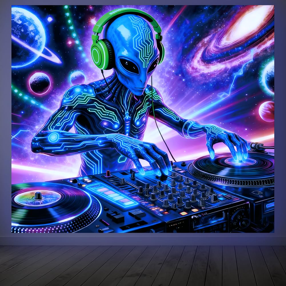 CRAFTYMELODY Alien DJ Blacklight Tapestry Neon Alien Glow in the Dark Tapestry UV Reactive Cosmic Wall Hanging 59×51 Inch with Hook Self Adhesive Sticker Clip for Home Wall Decor