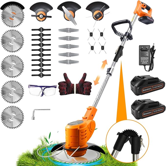 Grass Trimmer with Battery 21 V, Folding Battery Brush Cutter with 4.0 Ah Batteries, Battery Grass Trimmer & Lawn Edging Cutter with 4 Blade Types, Electric Brush Cutter for Garden and Lawn