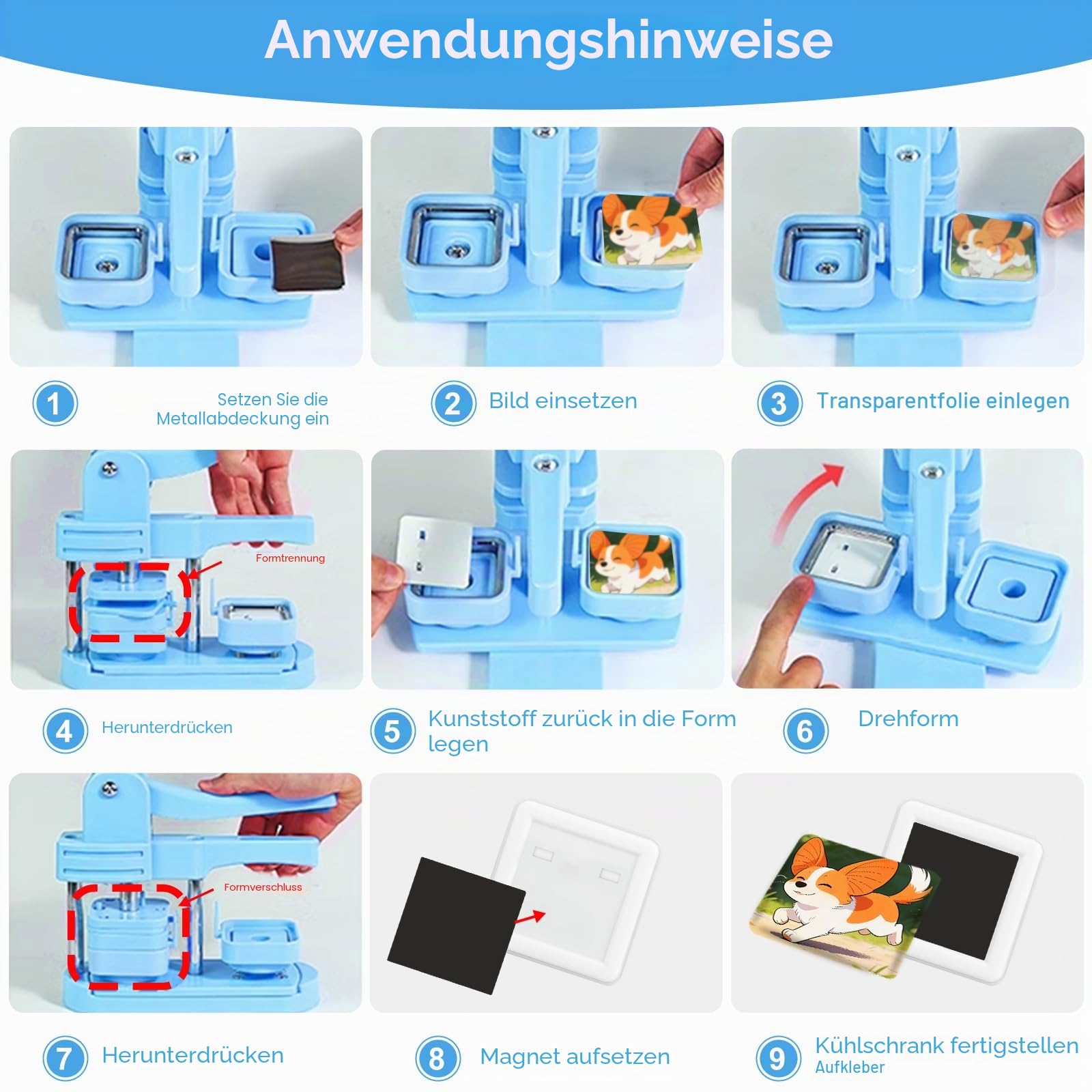 Quadratische Knopf-Maschine, 50 mm, DIY Pin Badge Maker Custom Badge Press Kit mit 100 Set Square Button Making Supplies für Geschenke Pin Maker