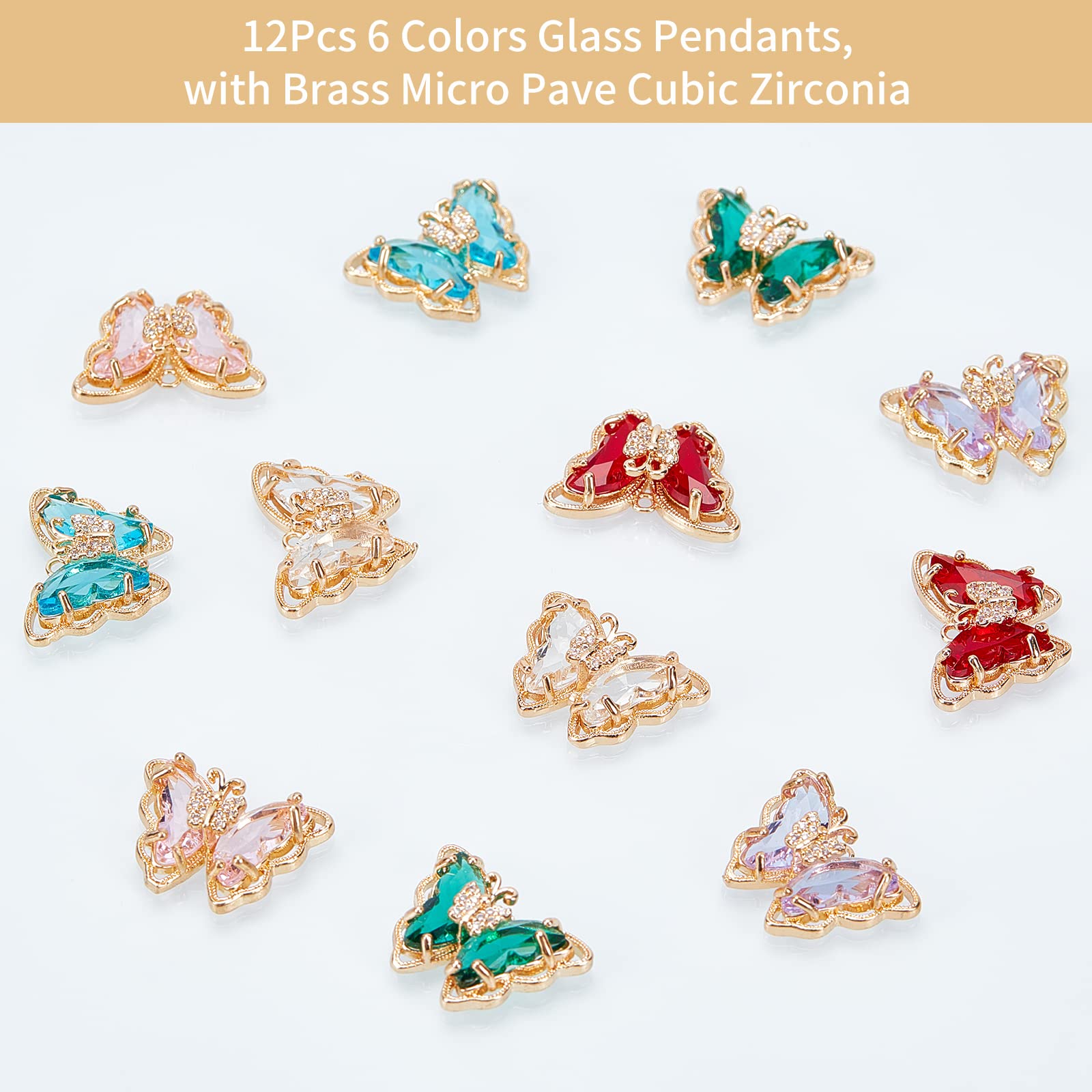 nbeads - Colgante de mariposa de cristal, 12 unidades, 6 colores, colgante de mariposa de latón, micro pavimento claro, circón cúbico, colgante para collar, pulsera y pendientes, fabricación de joyas