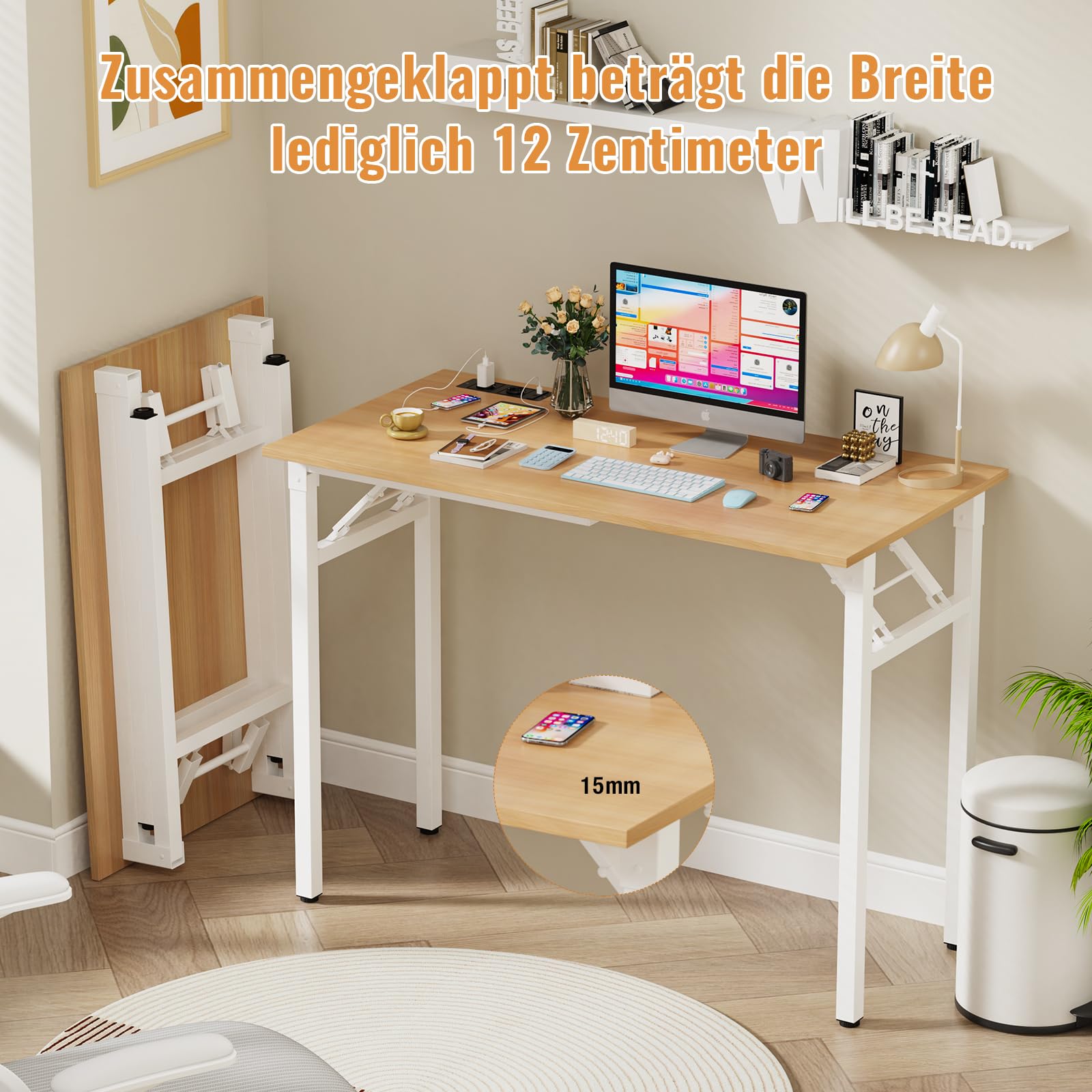 100x50cm Schreibtisch Klappbar, Klappbarer Schreibtisch Kleiner, Computertisch Mit Integrierter Ladestation, Platzsparend, Laptoptisch Klappbar fürs Büro, Homeoffice. (Eiche, 100x50x76cm)