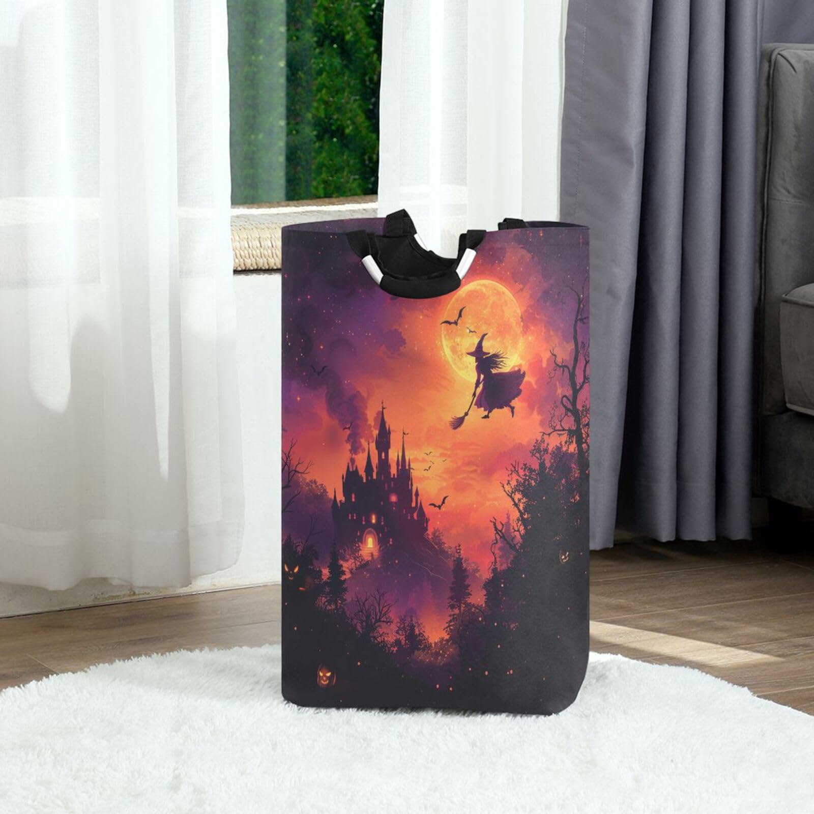 Jihqo Laundry Hamper Basket Halloween Witch Castle Collapsible Nursery Storage Bin Waterproof Clothing Baskets for Home Bedroom Bathroom Washing Room