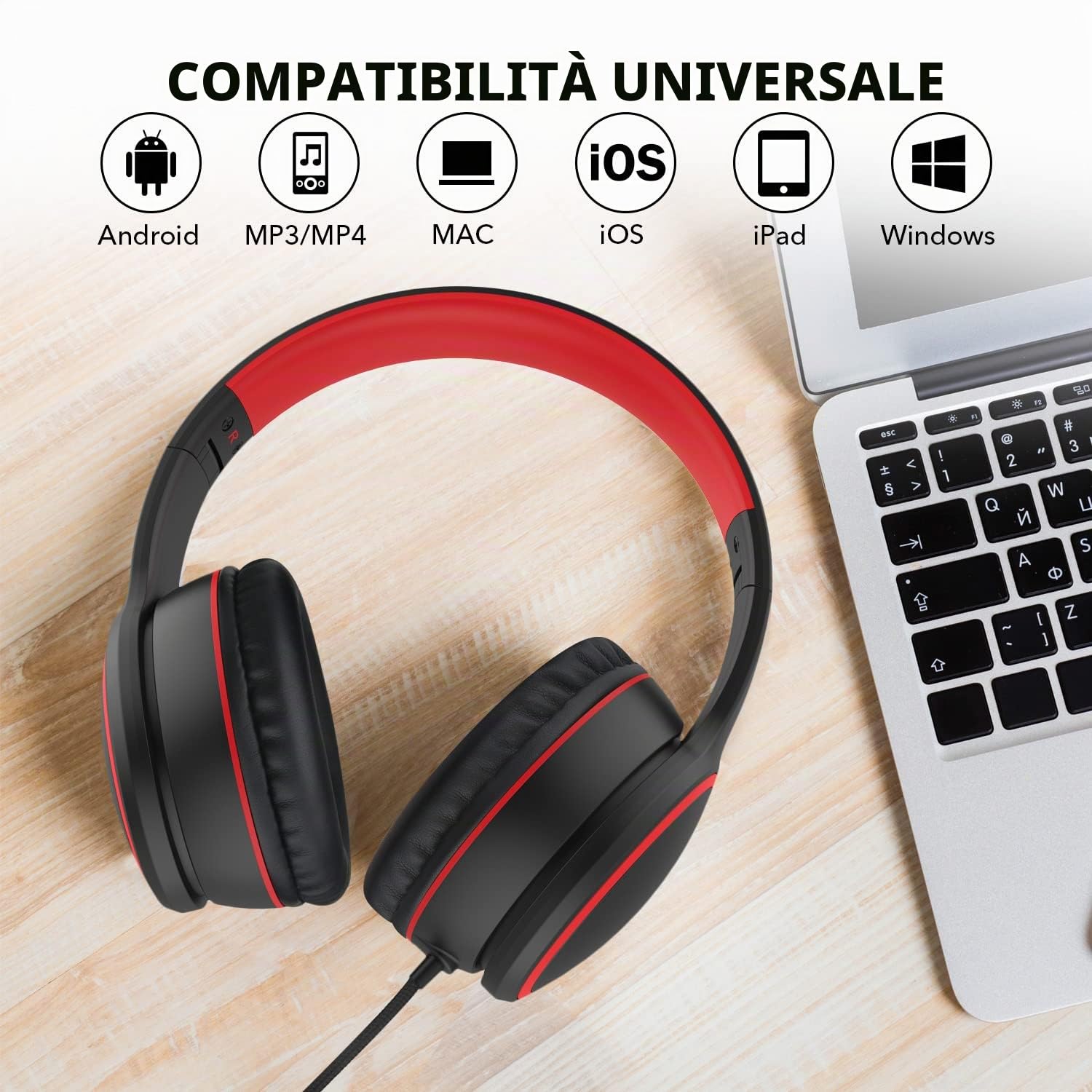 R10 Cuffie Auricolari con Microfono Stereo Piegevoli, Cavo Antigroviglio 1.5m, Nero