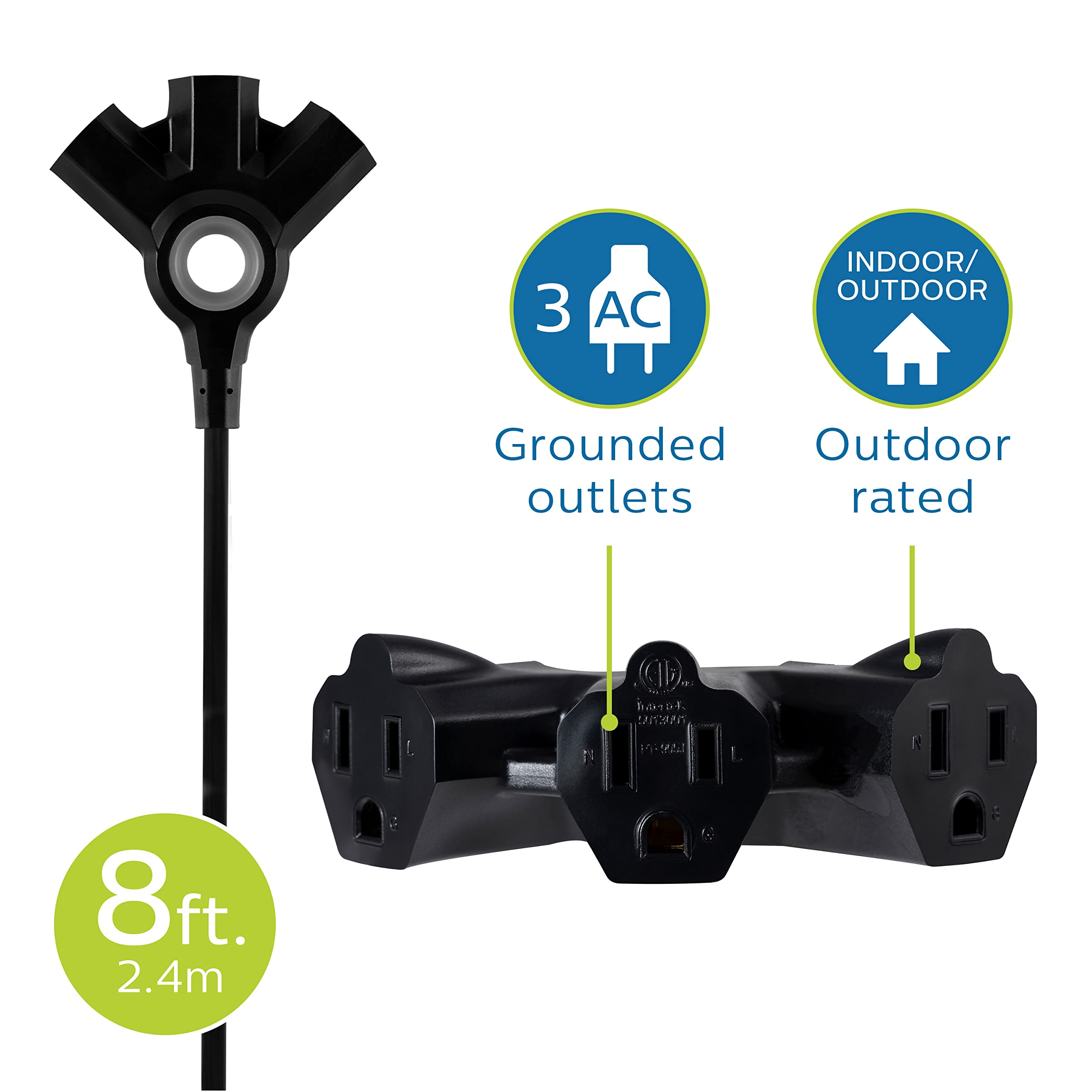 Philips 3-Outlet Extension Cord 15ft - Perfect For Holiday Decorating & Lights (3-Pack, Green)