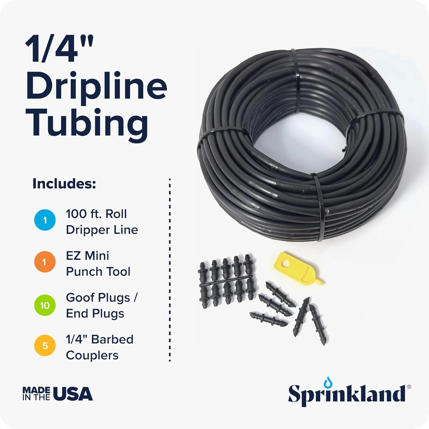 Sprinkland® 1/4" Dripline | Made in USA | 100' ft. Roll | 6" Emitter Spacing | Drip Irrigation Fittings Included