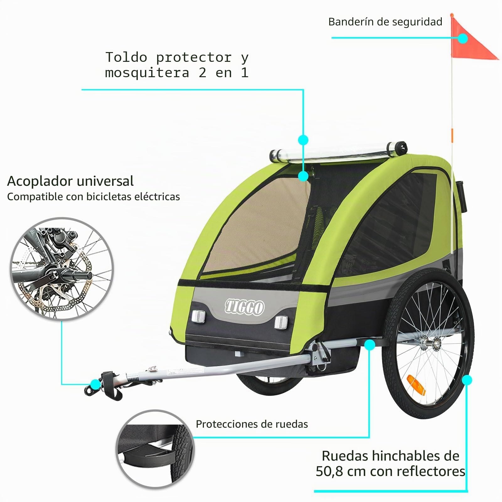Tiggo Remolque de Bici para niños con Kit de Footing - Verde BT502-D02