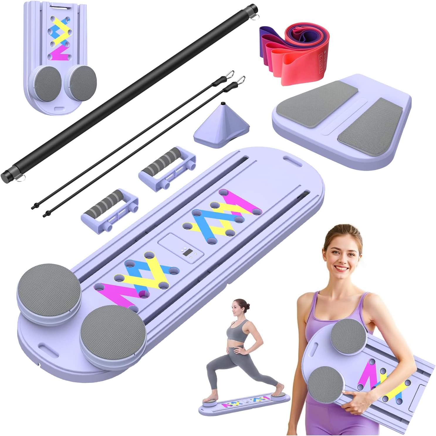 Pilates Board for Home 8-in-1 Reformer Pilates Machine Foldable Full Body Trainer with Automatic Rebound Abdominal Trainer & Resistance Bands Full Body Workout