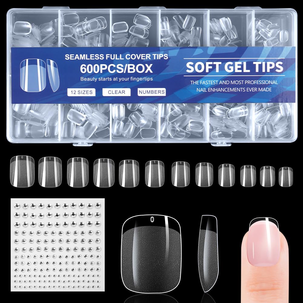 BUTBU Kurze Square Nägel Tips, 600 Stück Falsche Nagelspitzen, Soft Gel Tips, Full Cover Nail Tips Set, 12 Größen Künstliche Gel Nail Tips, für Nagelverlängerung & Nail Art DIY Nagelstudio zu Hause