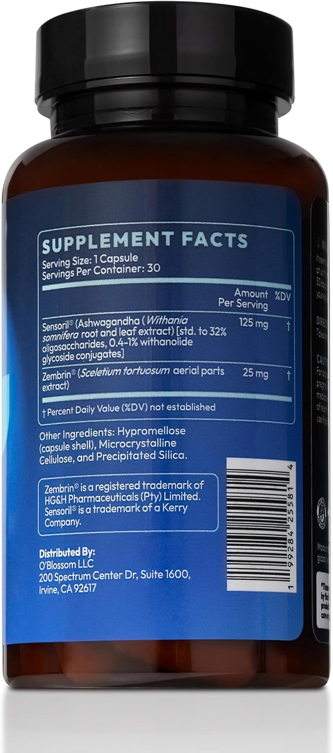 O'blossom Stress Release Ashwagandha Sensoril Zembrin Supplements – Clinically Studied Stress Relief with True Rapid Calm, Mood Support in 2 Hours, Cognitive Enhancement, and Healthy Sleep Pattern